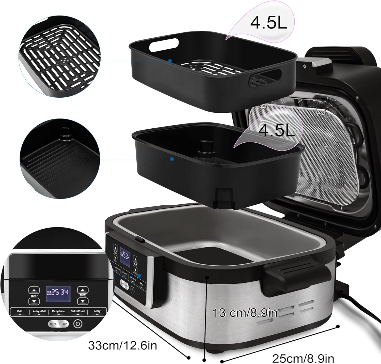 Griglia e Friggitrice ad Aria, 6 Funzioni di Cottura, Friggitrice Aria, Grigliare, Friggere, Disidratare, Cuocere al forno, Display Touch a LED Griglia e Friggitrice ad Aria, 6 Funzioni di Cottura, Friggitrice Aria, Grigliare, Friggere, Disidratare, Cuocere al forno, Display Touch a LED