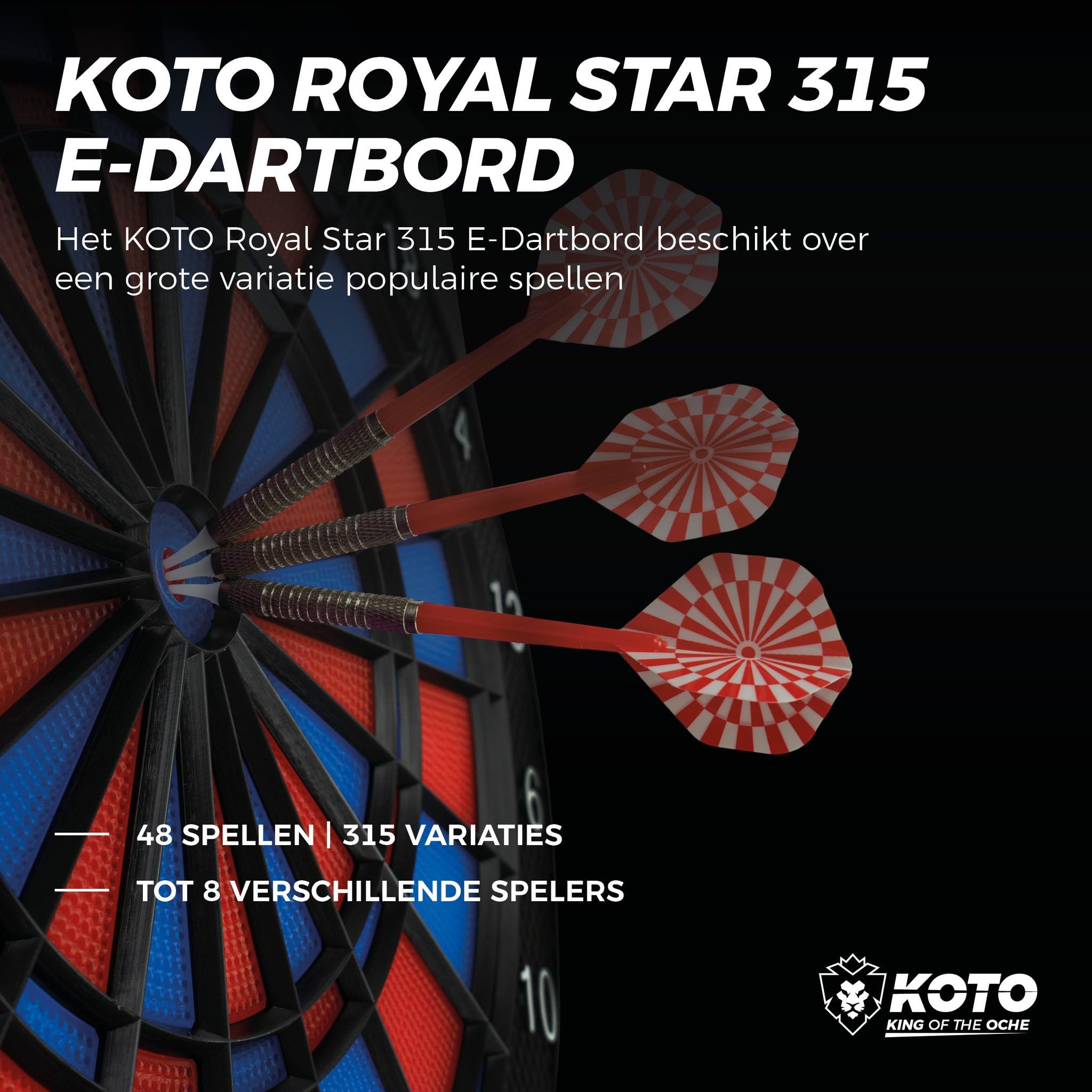KOTO – Cible Fléchettes Électronique Royal Star 315, Écran LED, 8 Joueurs | 6 Fléchettes Softip, 48 Jeux, Plus De 315 Variantes, Segments Triple-Trou Lumineux, Arrêt Auto, Adaptateur Inclus