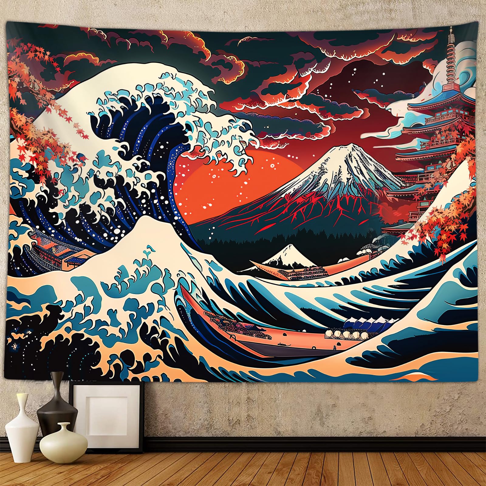 Sanzugh Cool Japanese Anime Tapestry Aesthetic, Black and Red The Great Wave Sun Mount Fuji Mountain Nature Art Tapestries Wall Hanging for Men Boys Bedroom Room Office Decor 60X40 Poster