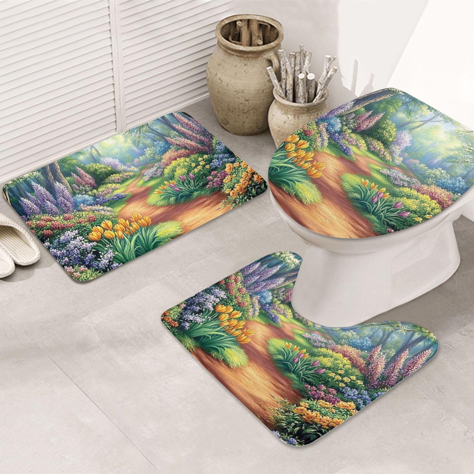 Alfombrilla de baño de bosque y jardín para decorar un hogar relajante y confortable