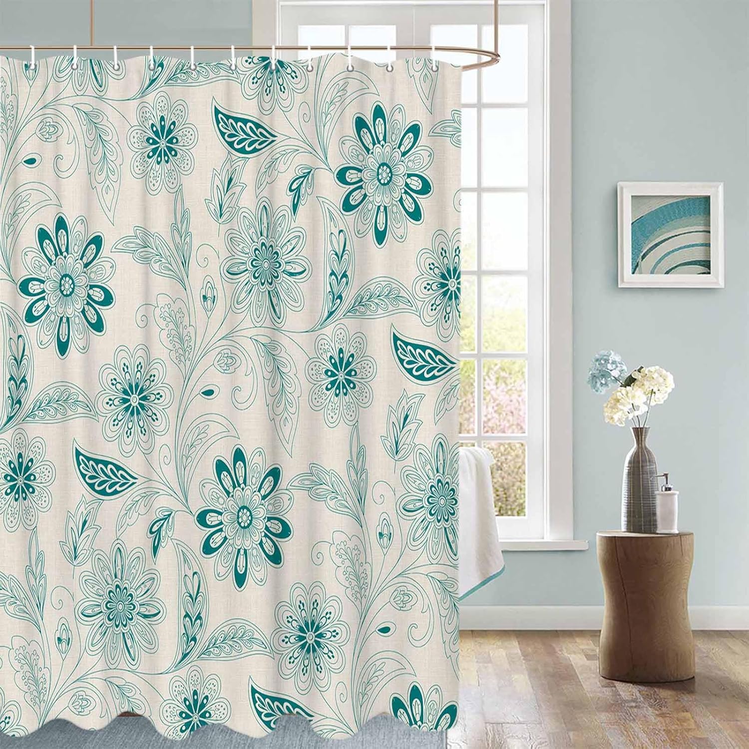 Paisley Turquoise Shower Curtain Set with Hook 60" x 72",Boho Vintage Flower Traditional Tribal Washable Cloth Polyester Fabric Shower+Curtain,Bath Curtains for Bathroom,Showers,Bathtubs Accessories