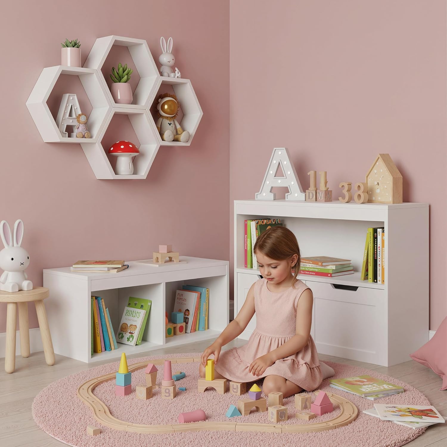 Ikebana Toy Storage Organizer and Kids Book Shelf with 2 Movable Drawers for Playroom, Classroom, Nursery, School, Kindergarten