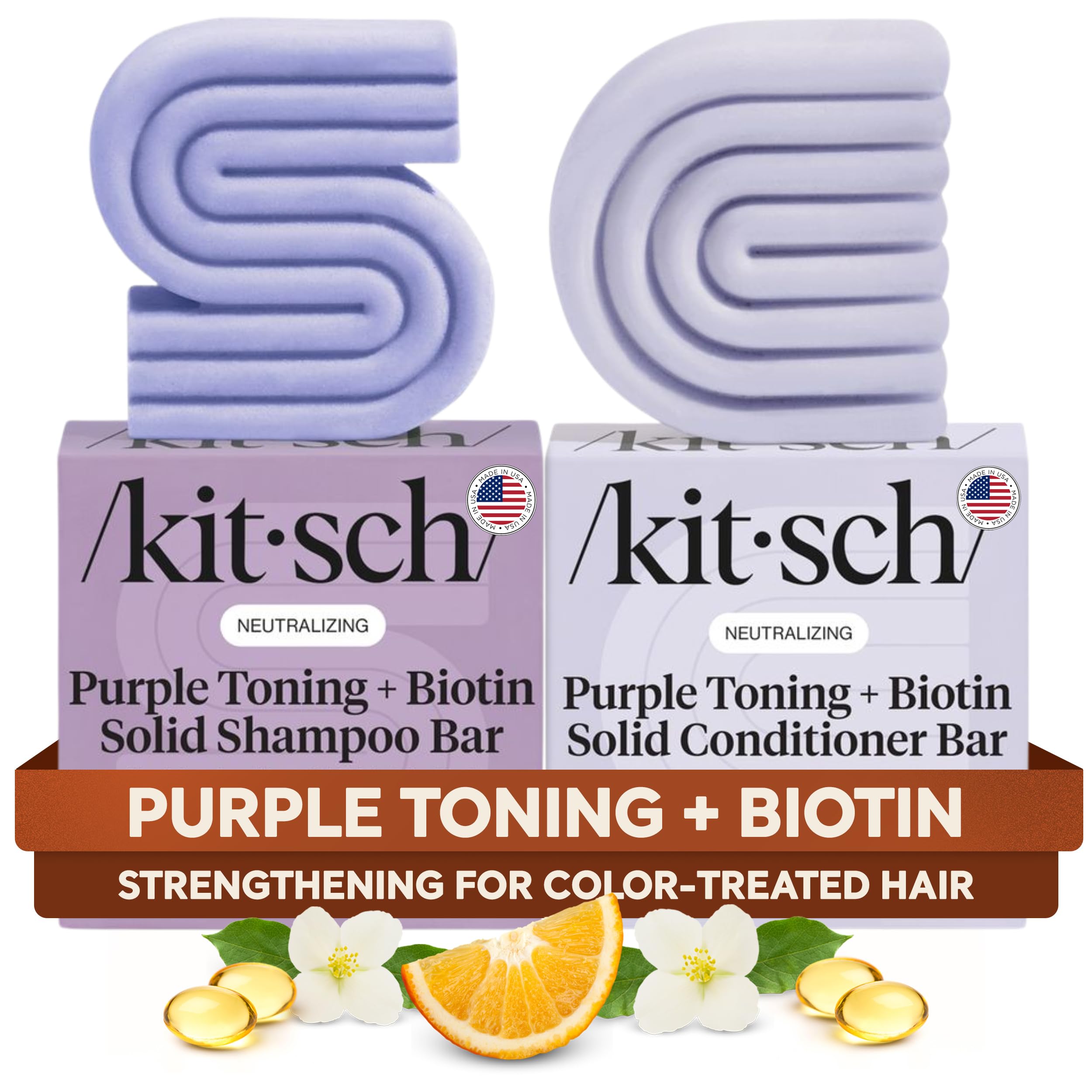 Kitsch Toning Purple Shampoo & Conditioner Bar Set For Blondes & Color Treated Hair - With Biotin for Strengthening & Neutralizing Brassy Tones - Vegan, Silicone & Sulfate Free - 2pcs