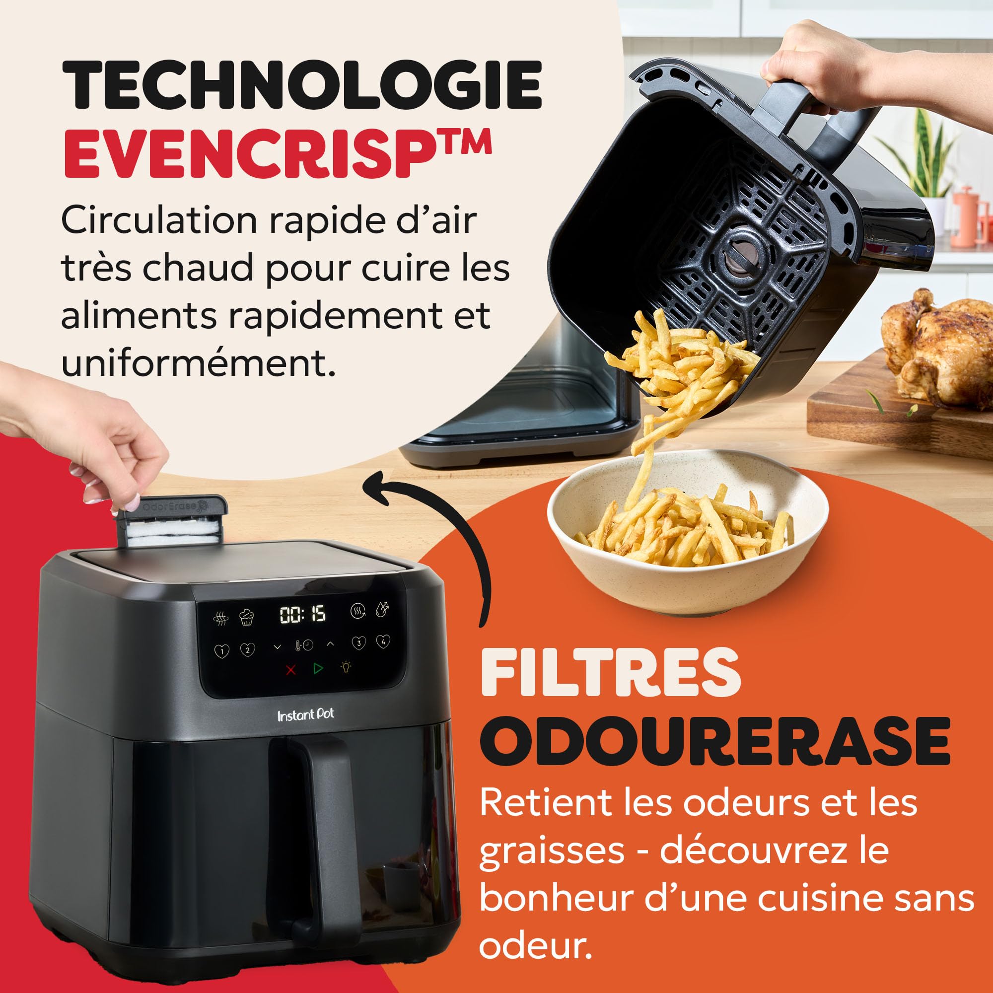 Instant Pot Vortex Compact Noir - Friteuse à air chaud 5 l, format familial, 4 en 1 - Air Fryer, séchage, cuisson, réchauffage, revêtement antiadhésif, facile à nettoyer, lavable au lave-vaisselle