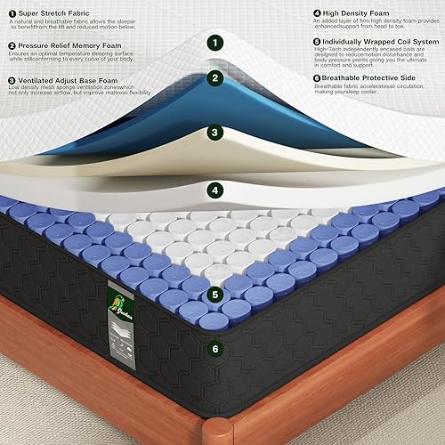 Miniatura 10 de Colchón de tamaño matrimonial  Colchones híbridos de 10 pulgadas en una caja  Muelles individuales de sensación media firme y espuma viscoelástica