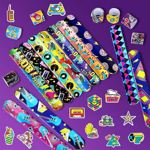 Miniatura 6 de 74 decoraciones de fiesta de los años 80 y 90, 50 calcomanías de temática retro y 24 pulseras de bofetada, suministros de cumpleaños de los años 80