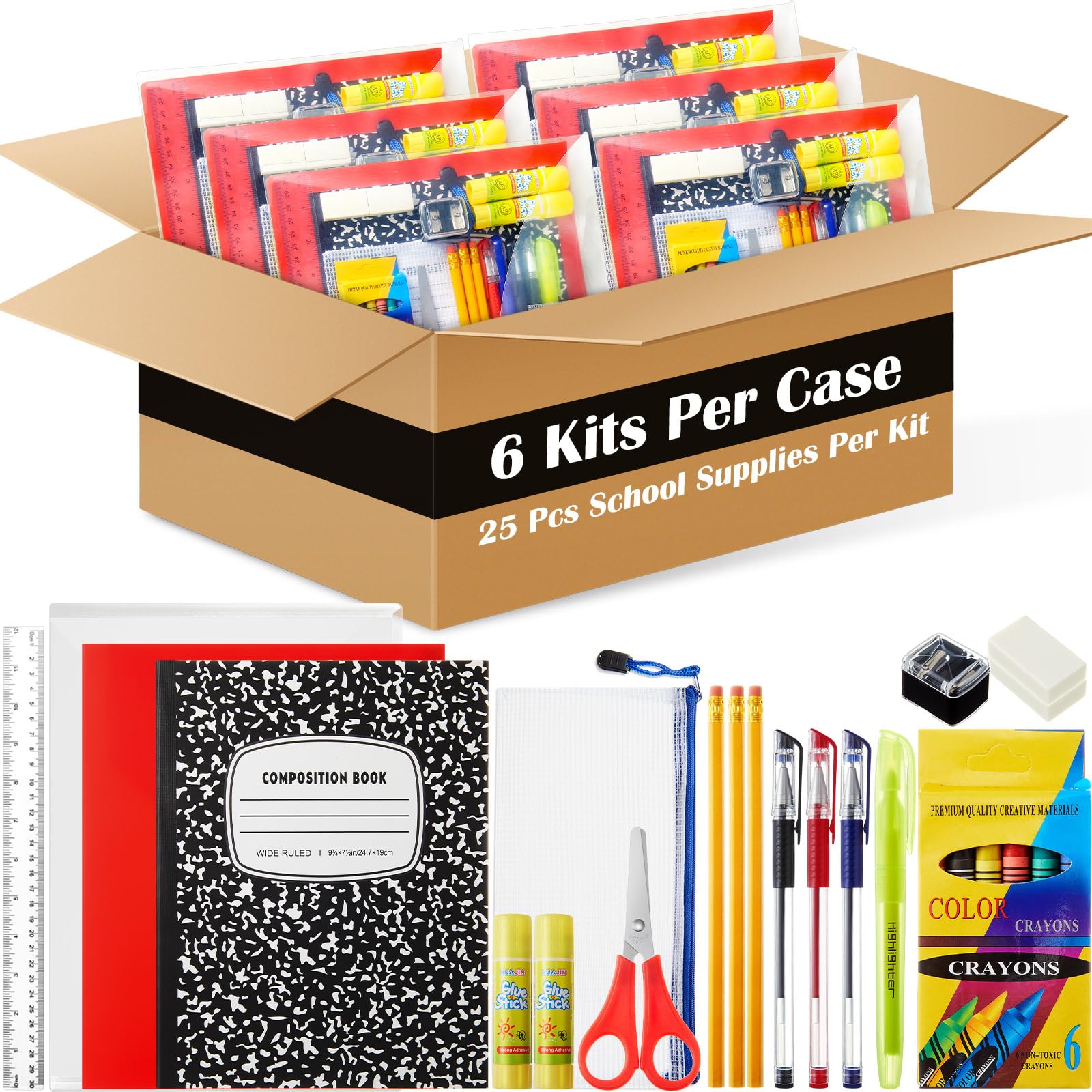 AmazingSpark Lot de 6 kits de fournitures pour la rentrée scolaire pour les élèves de 7 à 12e année - Fournitures de rentrée scolaire comprenant dossier, surligneurs, crayons, cahiers, ciseaux et plus