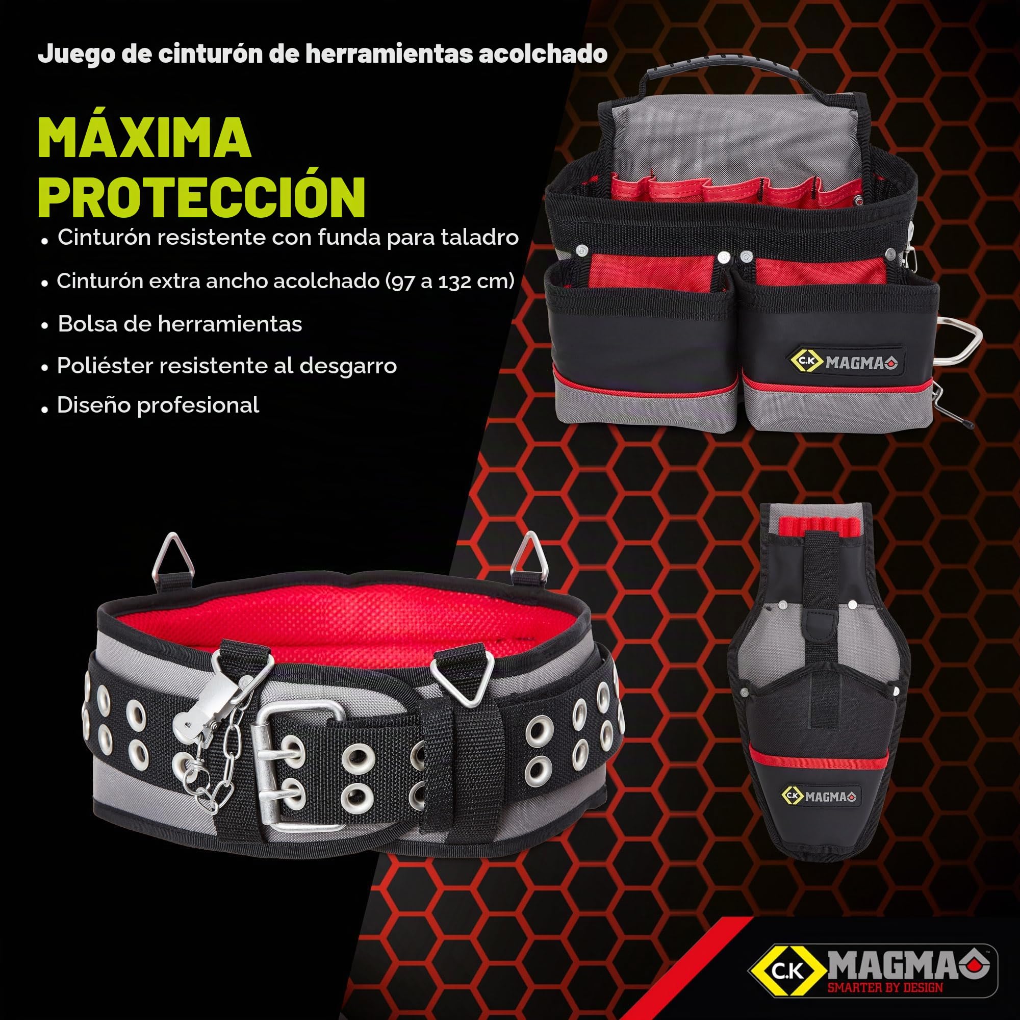 C.K MAGMA - Cinturón de herramientas de, Poliéster, Negro, Gris, Rojo, 97 – 132 cm, TOOL_BELT