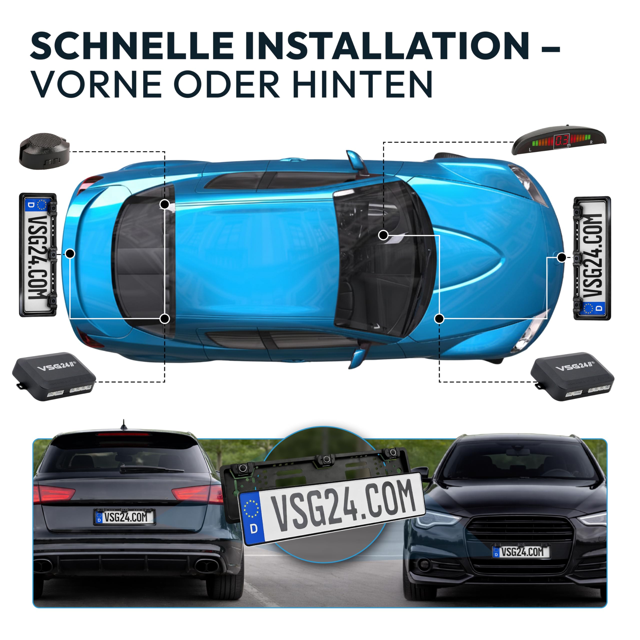 VSG24 Kennzeichen Einparkhilfe mit Display & Lautsprecher – robuste Parkhilfe vorne oder hinten mit 3 Sensoren – LED-Anzeige & akustischer Rückfahrwarner – 30–150 cm – 12V PDC Nachrüstset