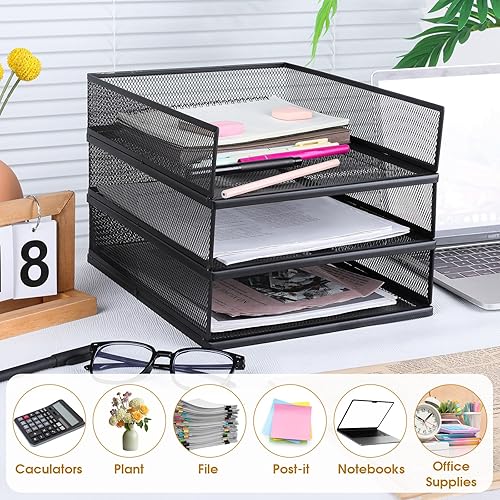 Miniatura 3 de 3 Pcs Black Metal Letter Tray, 3-Tier Stackable Paper Tray, Metal Mesh Desktop Organizer, Single Wire Mesh Organizer Front Load File Paper Holder,