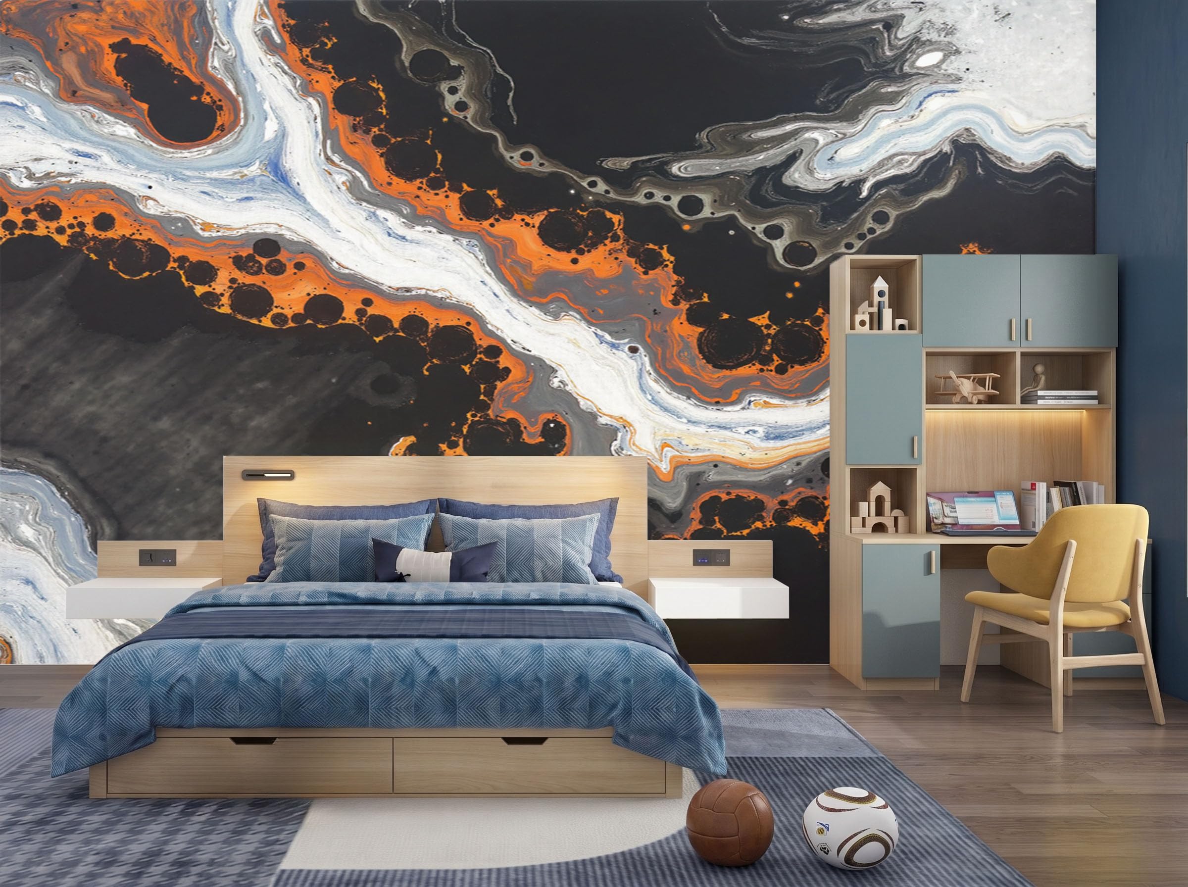 Papier peint intissé abstrait noir et déco murale moderne 300x210 pour chambre
