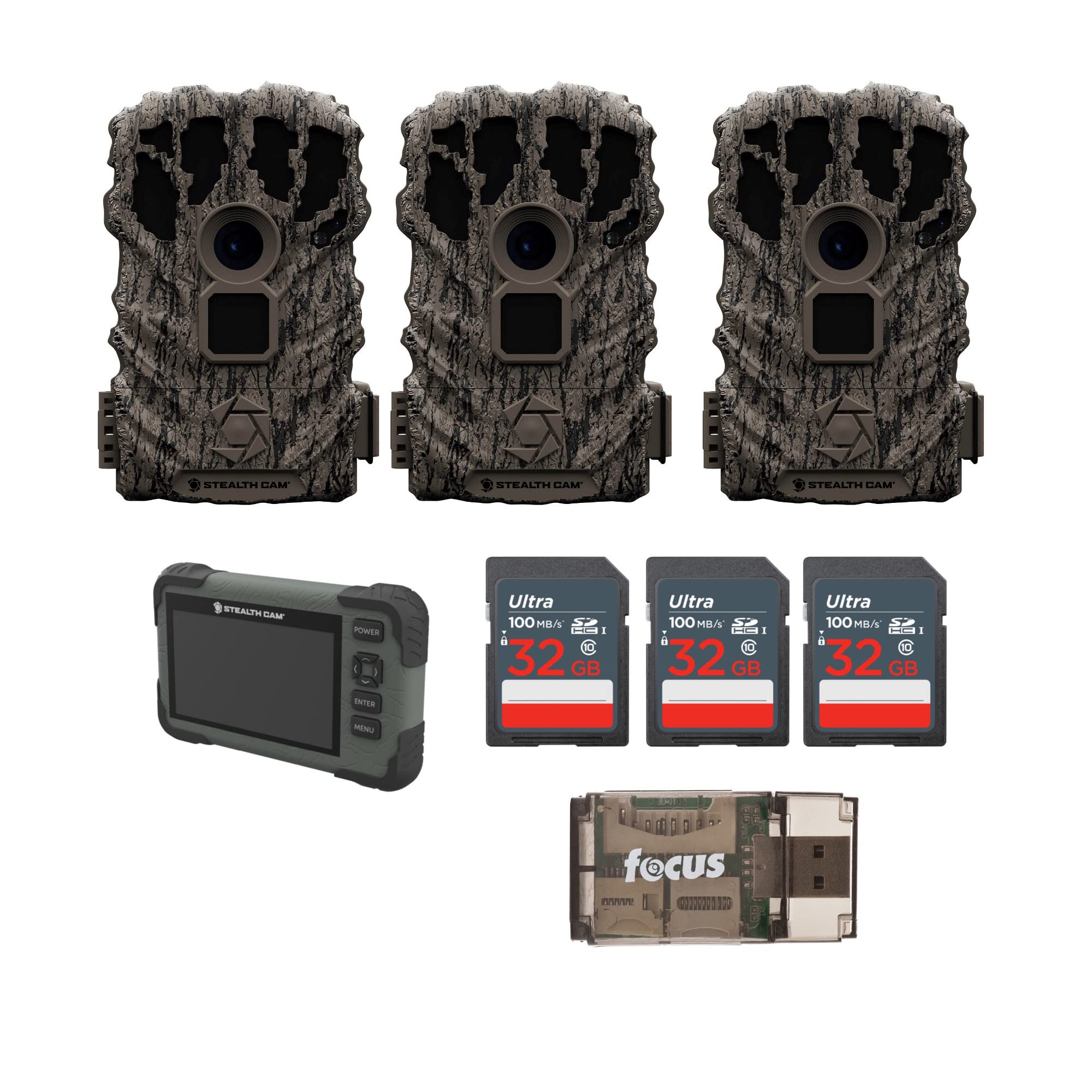 Stealth Cam Browtine 14MP Camera (3 Pack) Bundle with SD Card Reader-Viewer, Memory Card and High Speed USB 2.0 Card Reader (7-Items)