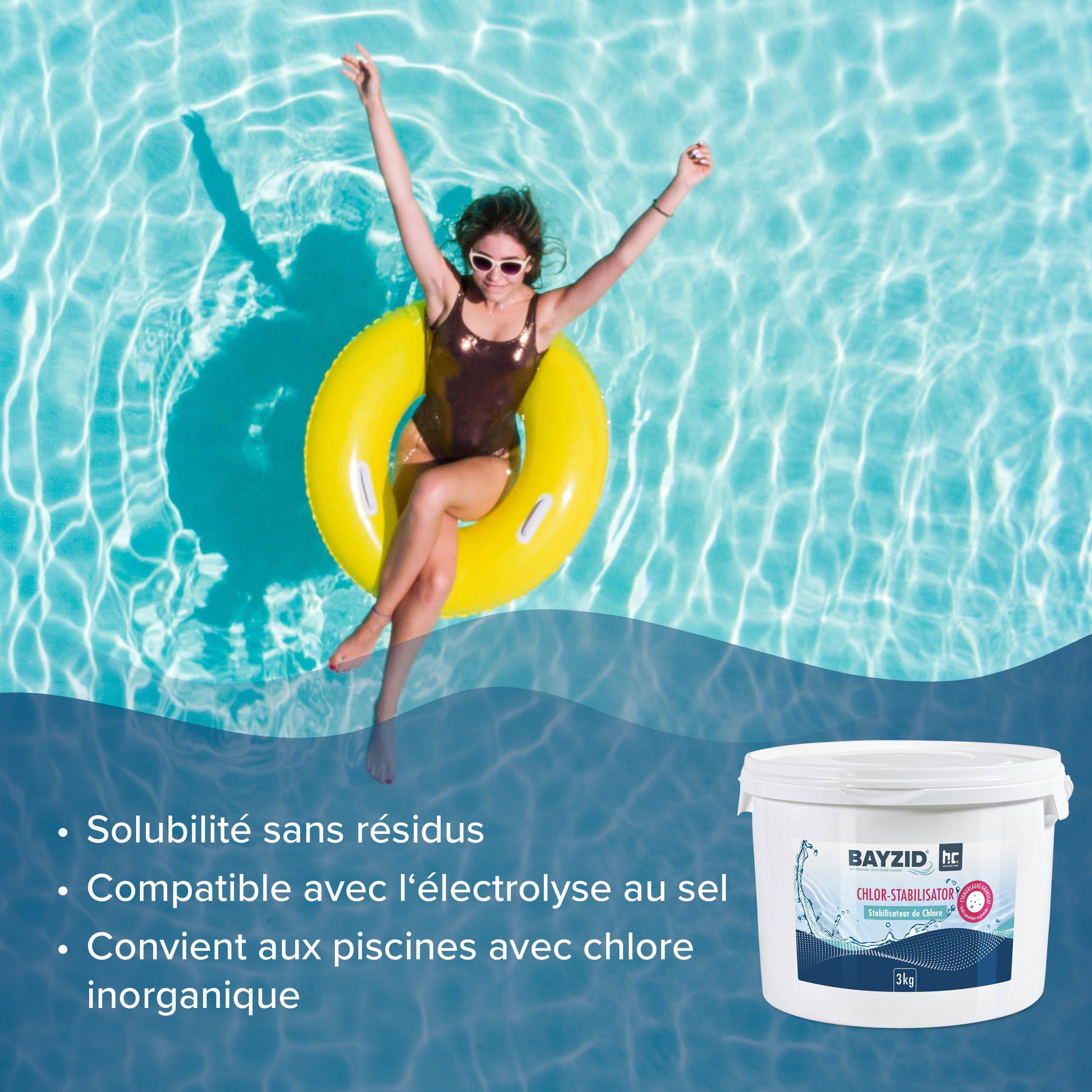 BAYZID Stabilisateur de Chlore pour Piscine 3 kg - Acide Cyanurique en Granulés - Anti-UV et Économiseur de Chlore - Idéal Électrolyse au Sel et Chlore Liquide - Eau Cristalline