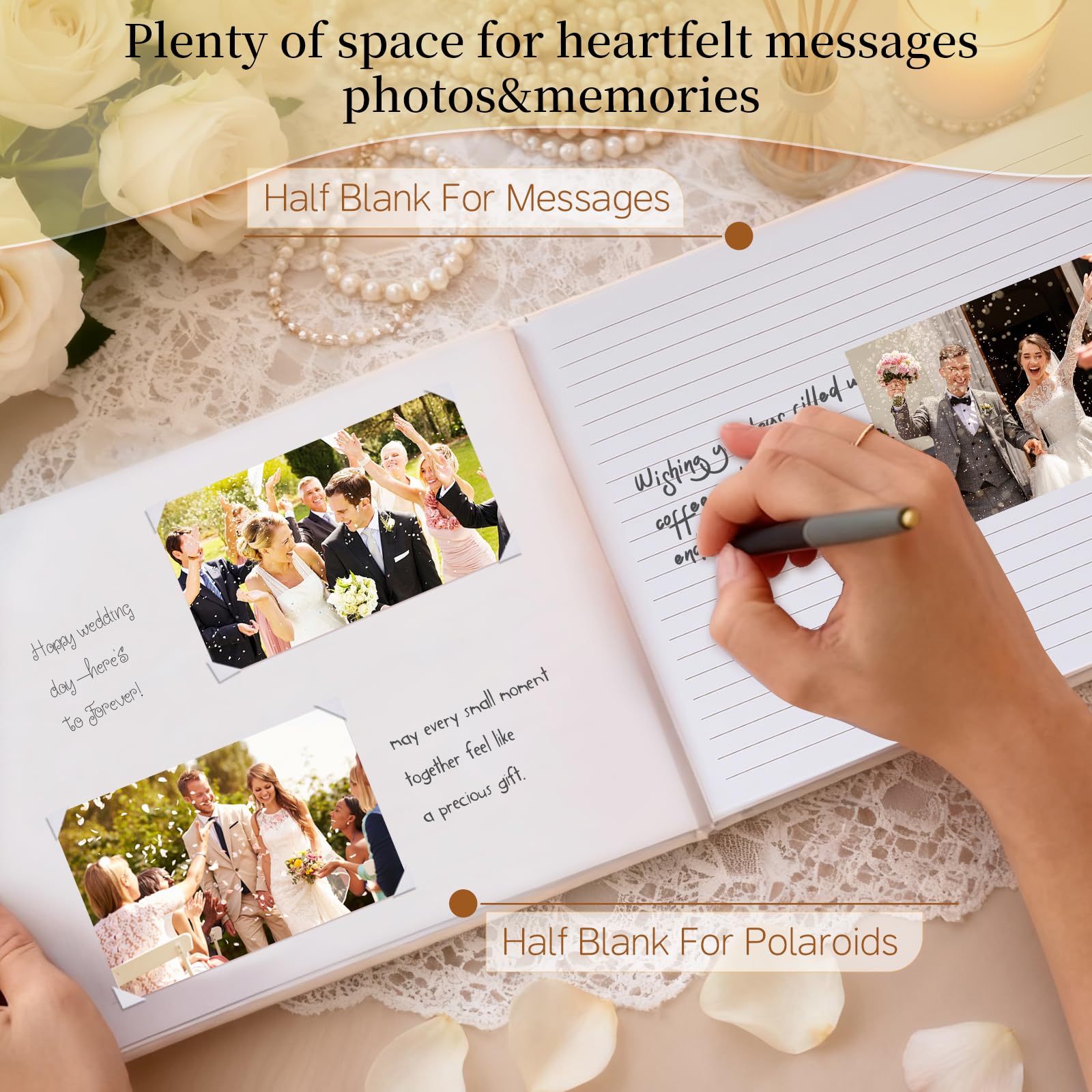 Libro de invitados de boda para recepción y baby shower – Elegante libro de visitas con cubierta de lino para fotos y firmas Polaroid con tarjeta "Please Sign" y esquinas de fotos, 100