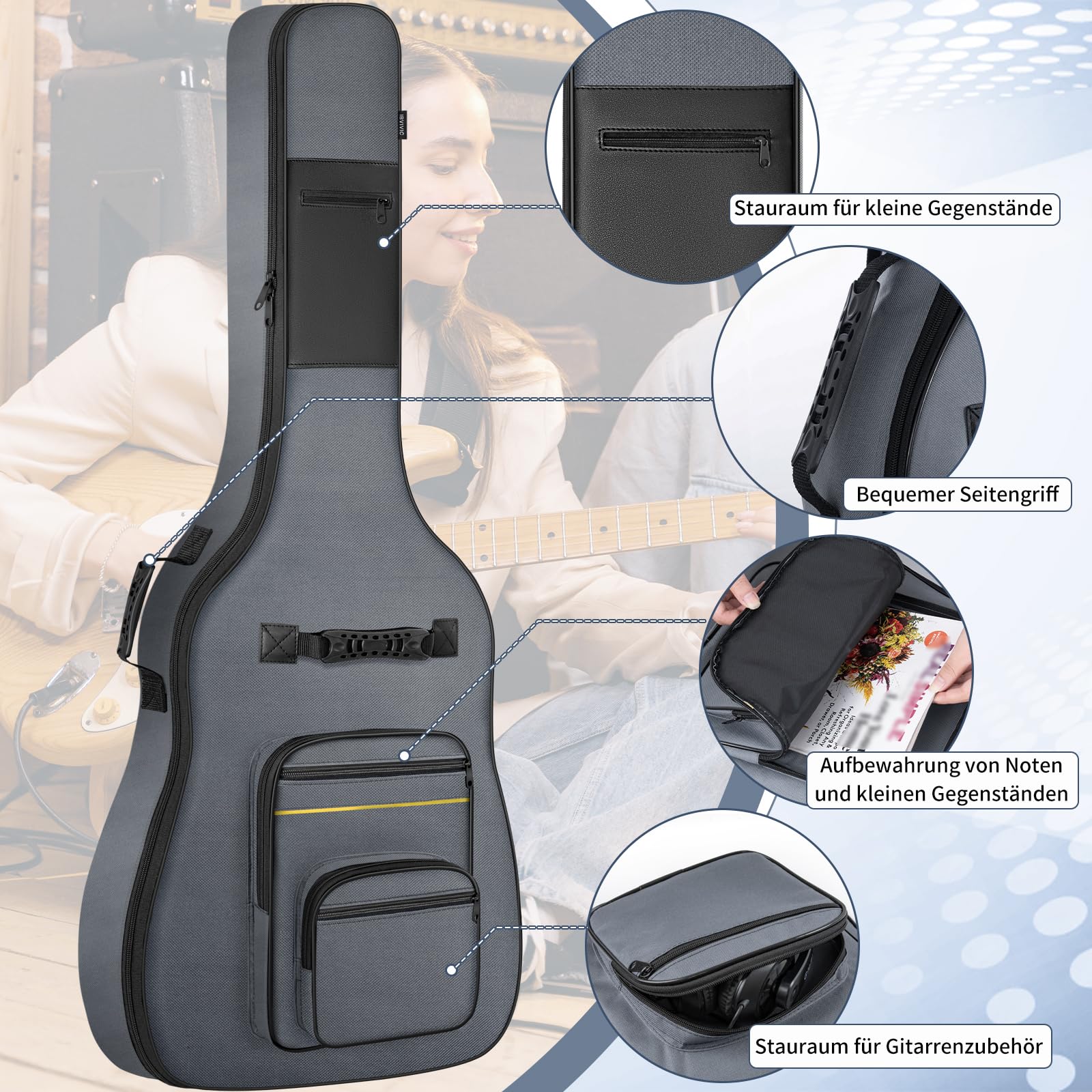 OUUTMEE 48 Zoll Tasche für E-Bass 124 x 41 x 6 cm E-Bass Tasche Verstellbare Schultergurte E-Bass-Auftrittspaket 5 mm Perlenwattepad 600D Oxford-Tuch，Grau
