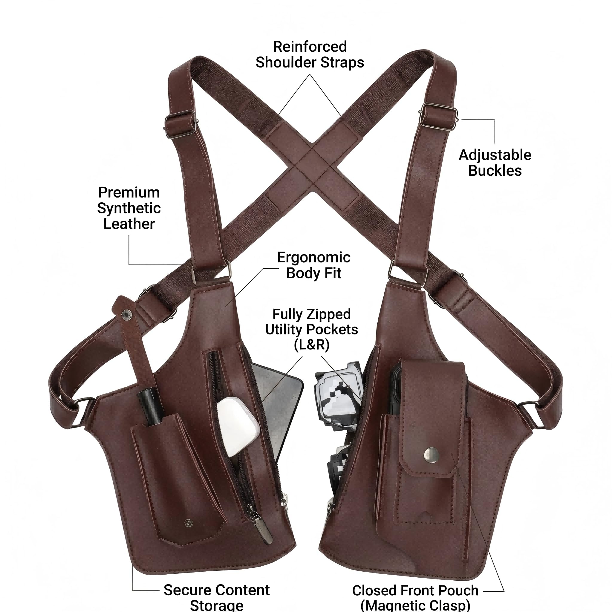 Bolso de hombro y antebrazo para hombre de piel antirrobo, diseño con varios bolsillos y correas de hombro ajustables ocultas
