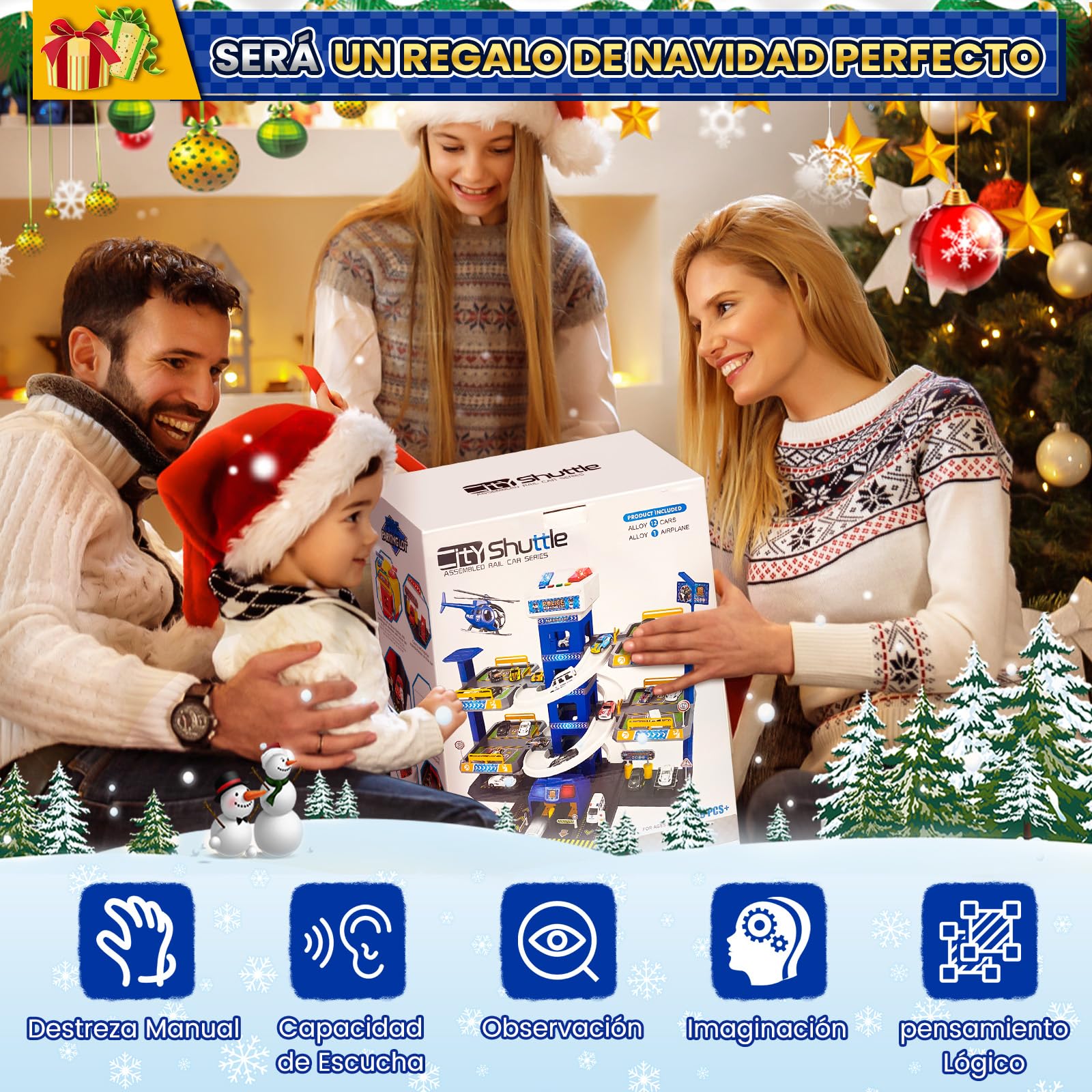 BuzzoXerex 5 Plantas Garaje Coches para Niños, Parking Molto con 14 Coches y 2 Helicóptero, Parking Juguete con Pista de Coches y Ascensor, Educativos Regalos para Niños 5 6 7 8 9 Años (Policía)
