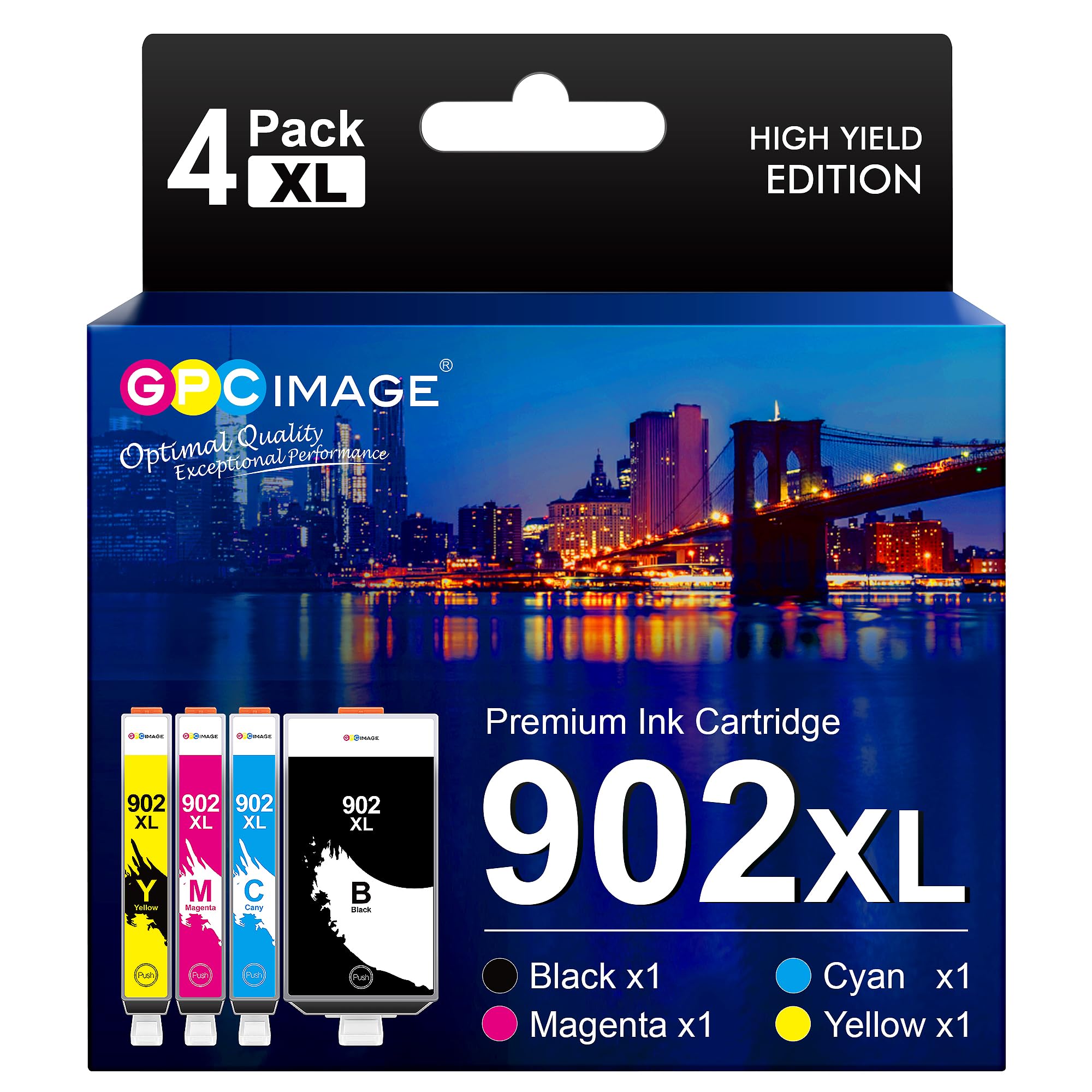 GPC Image Cartucho de tinta compatible de repuesto para HP 902XL 902 para usar con bandeja de impresora Officejet 6978 6968 6962 6958 6970 6950 6960 (negro, cian, magenta, amarillo, paquete de 4)