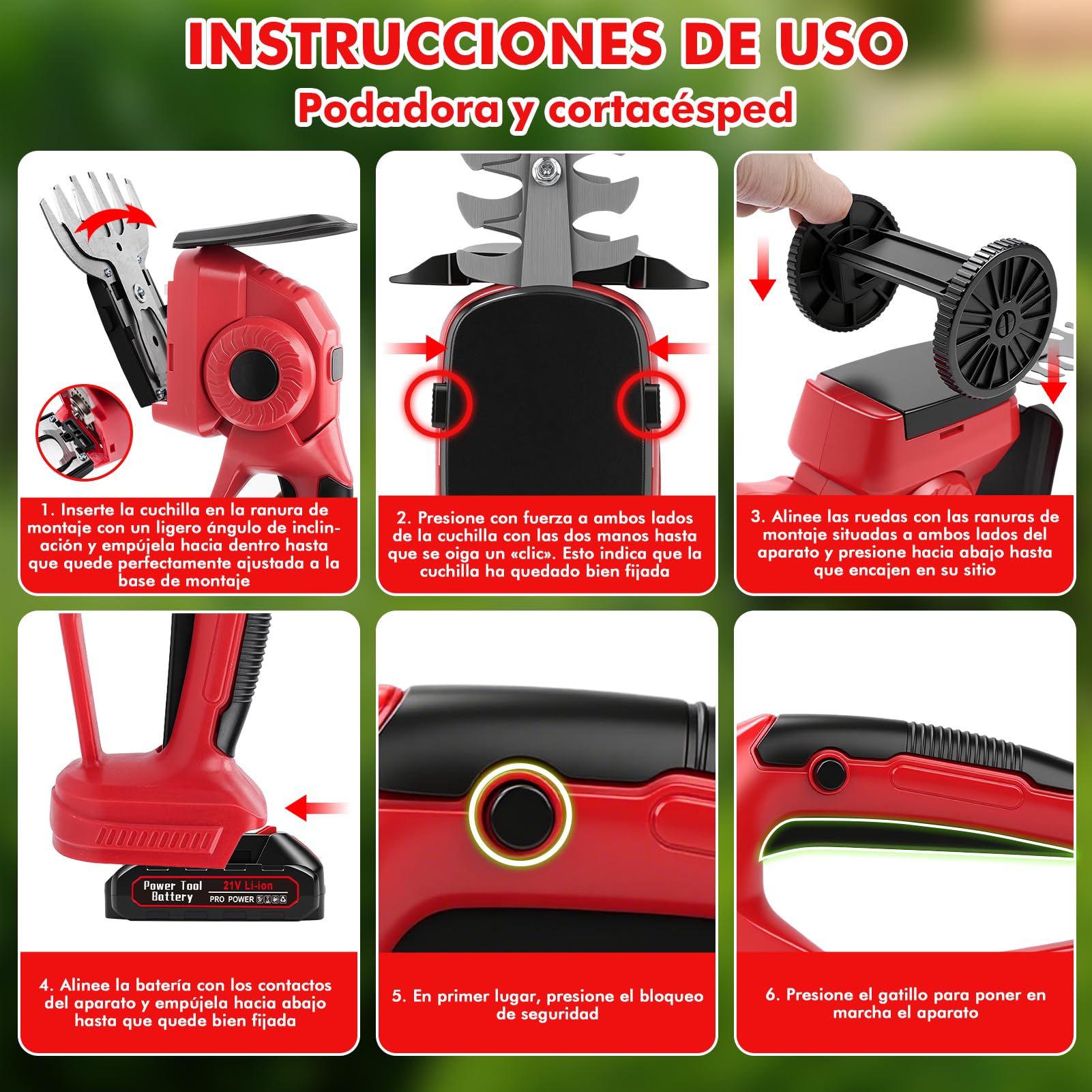 Tijera CortacéSped Y Arreglasetos, 2 En 1 Cortasetos Bateria Y Tijera Corta Cesped con 2 BateríAs De 1500mah 21v, Corta Setos Jardin Electrico Desbrozadora con 2 Cuchillas 220mm /135mm