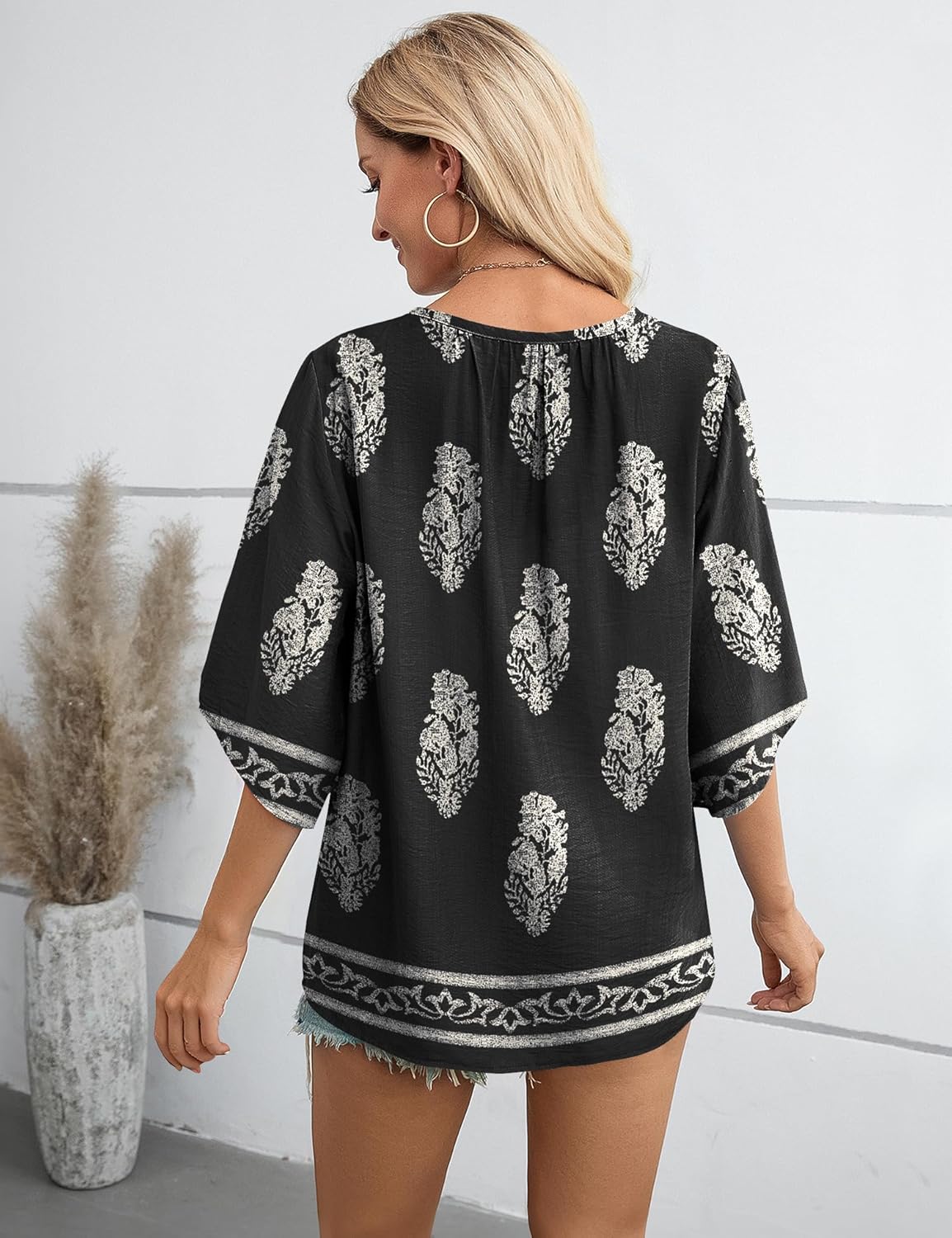 LOMON Women's 3/4 Length Sleeve Boho Tops V Neck Casual Vacation Clothes Loose Fit Tunic Shirts S-3XL - Image 5