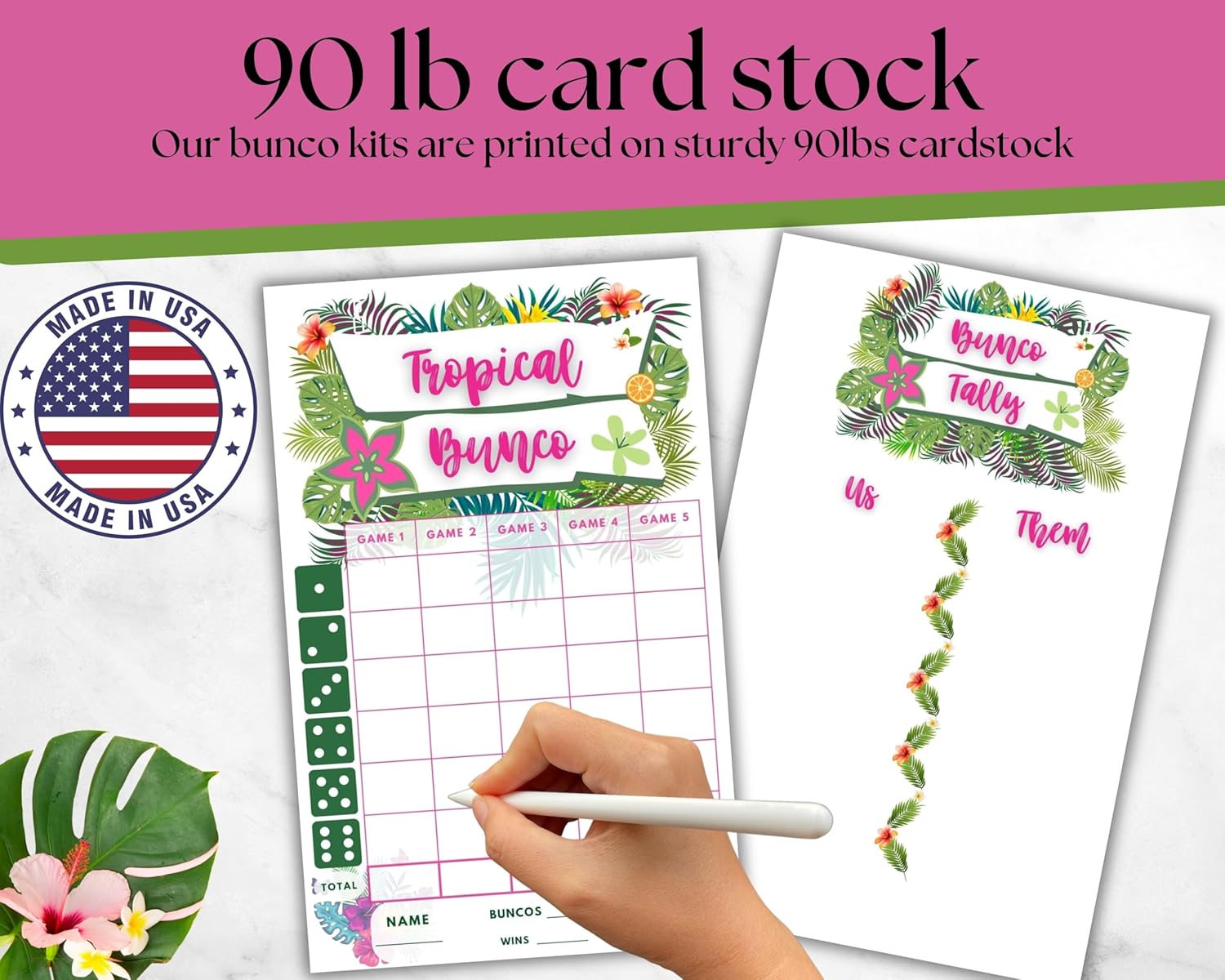 Tropical Hawaiian Bunco Score Cards and Tally Sheets, Luau Bunco Party Game Kit with Ghost Player and Table Cards, Aloha Theme Bunco Supplies, Summer Bunco
