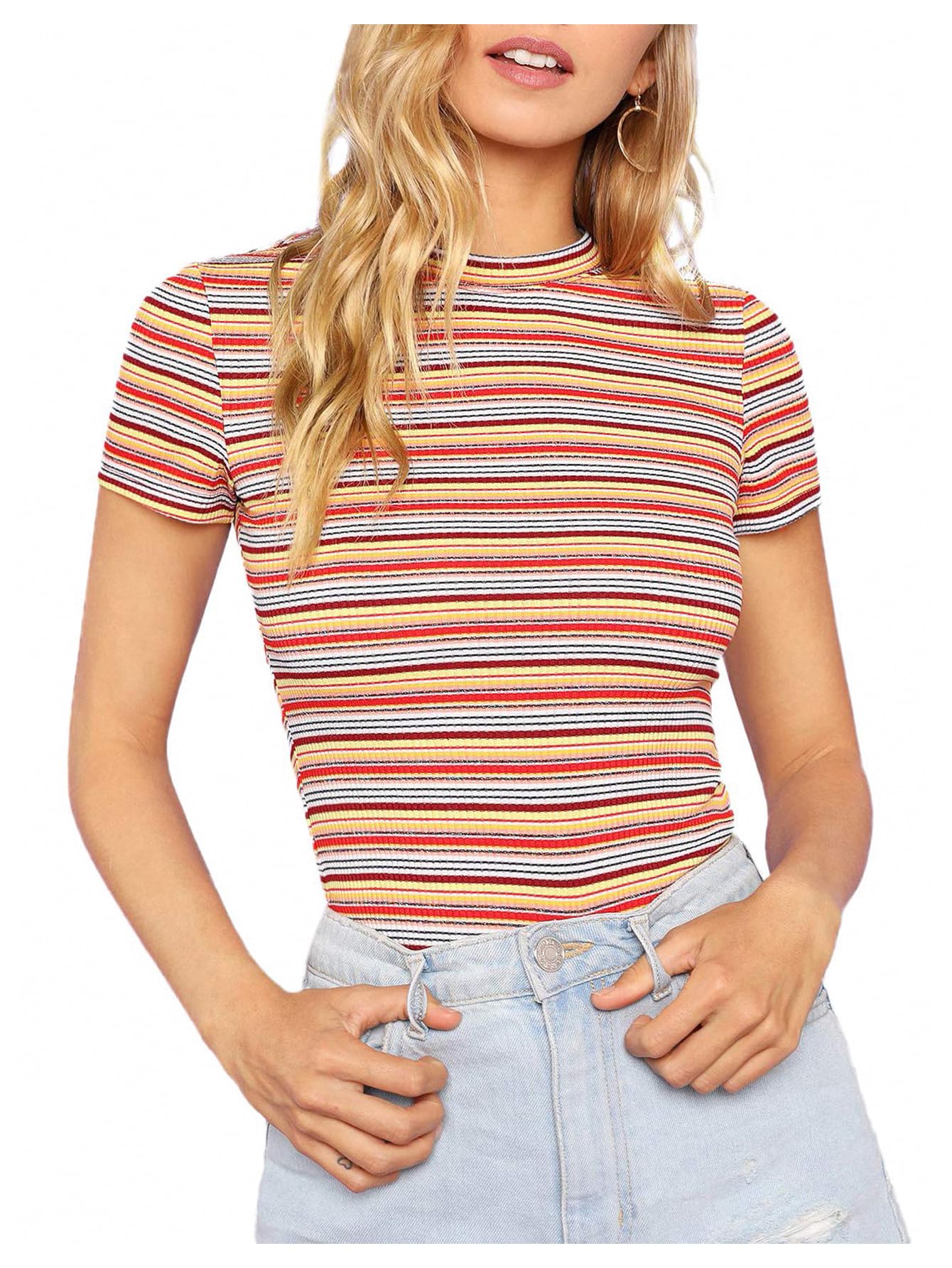 Women's Casual Multi Striped Ribbed Short Sleeve Solid Tee Knit Top