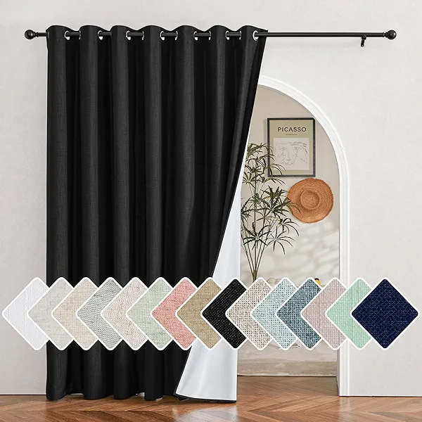 NICETOWN Vintage Open Linen Weave Flax Thermal Curtains, 100% Blackout Curtains 84 inches Long for Dining Room, Soundproof Window Treatment Drapes for Hall Room, Black, 100" Wide Per Panel