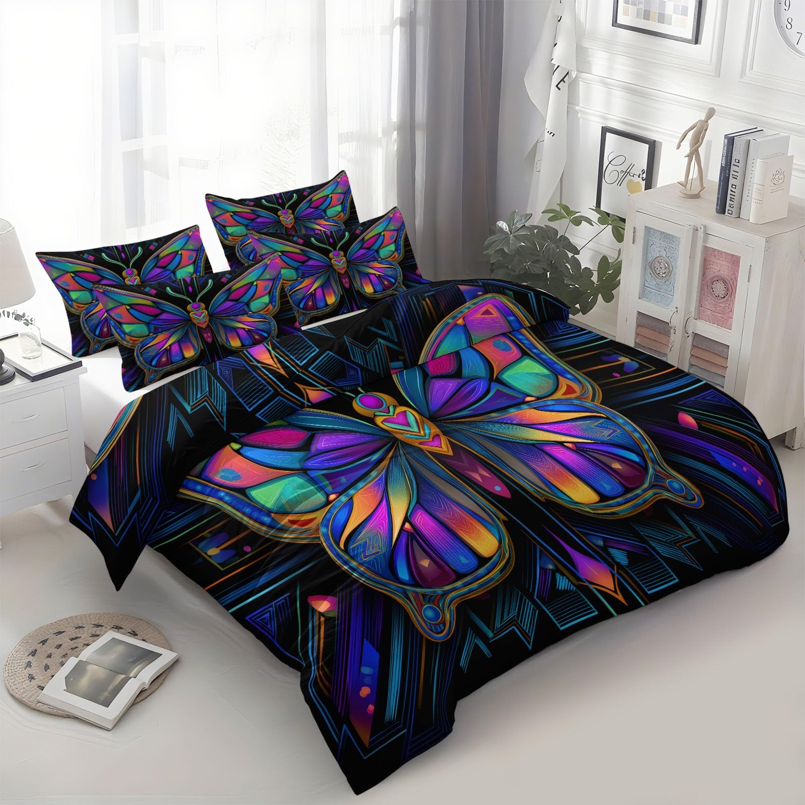 Abstrakcyjny zestaw poszewek na kołdrę motyl skrzydła tęcza szczotkowana mikrofibra puszysty, miękki komplet pościeli na kołdrę 180 x 220 cm, z oddychającymi poszewkami na poduszki z zamkiem