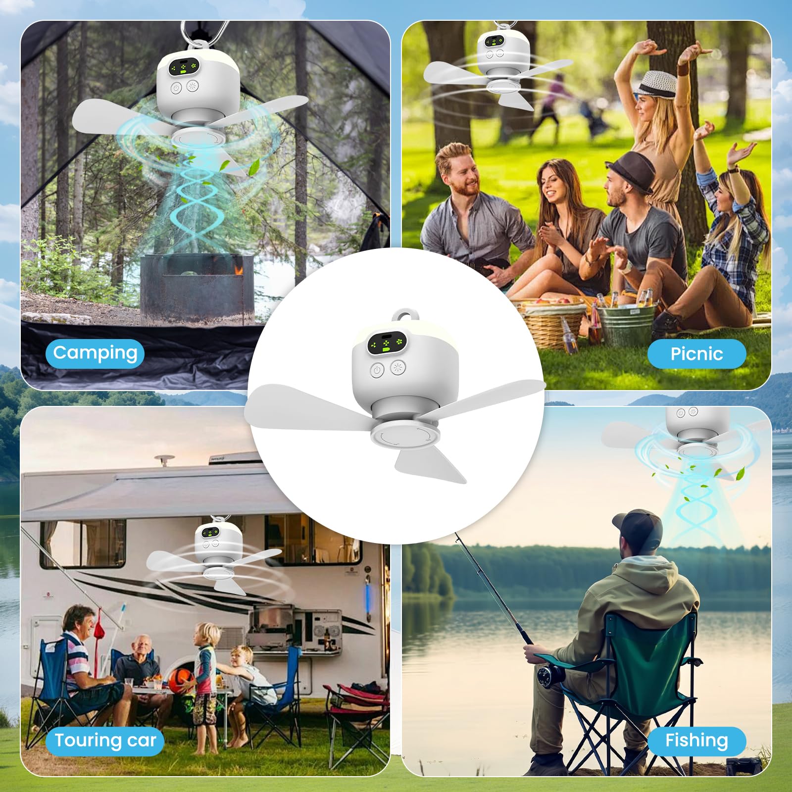 EagerMinds Lampe LED avec Ventilateur de Camping Rechargeable USB - 3 Vitesses - Pour la Pêche, la Randonnée, l'Extérieur