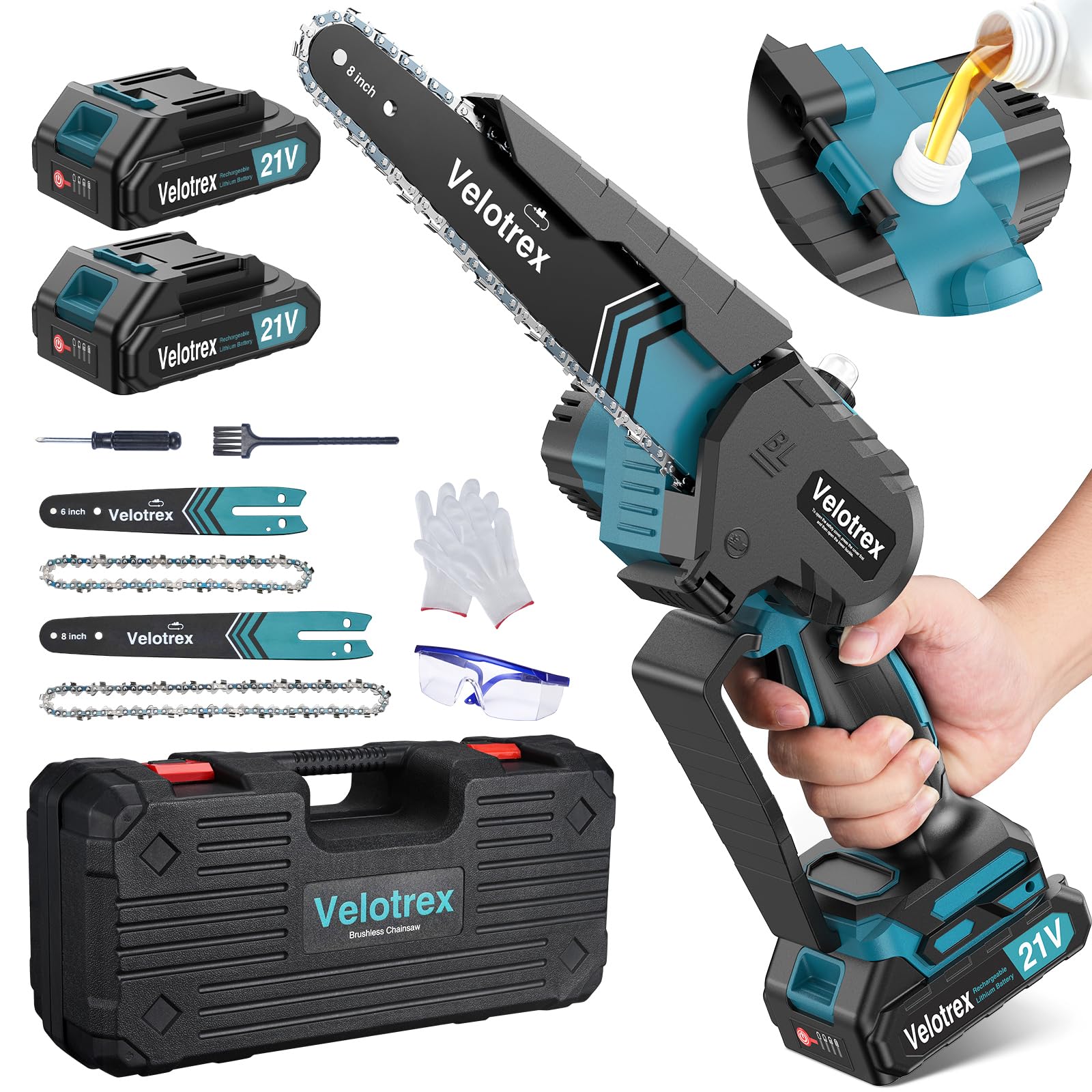 Mini Chainsaw Cordless 8 inch + 6 inch, Electric Chainsaw Cordless with 2pcs 2000mAh Batteries, Upgraded Brushless Chain saw with Auto Oiler, hand Chainsaw for Tree Branch Wood Cutting