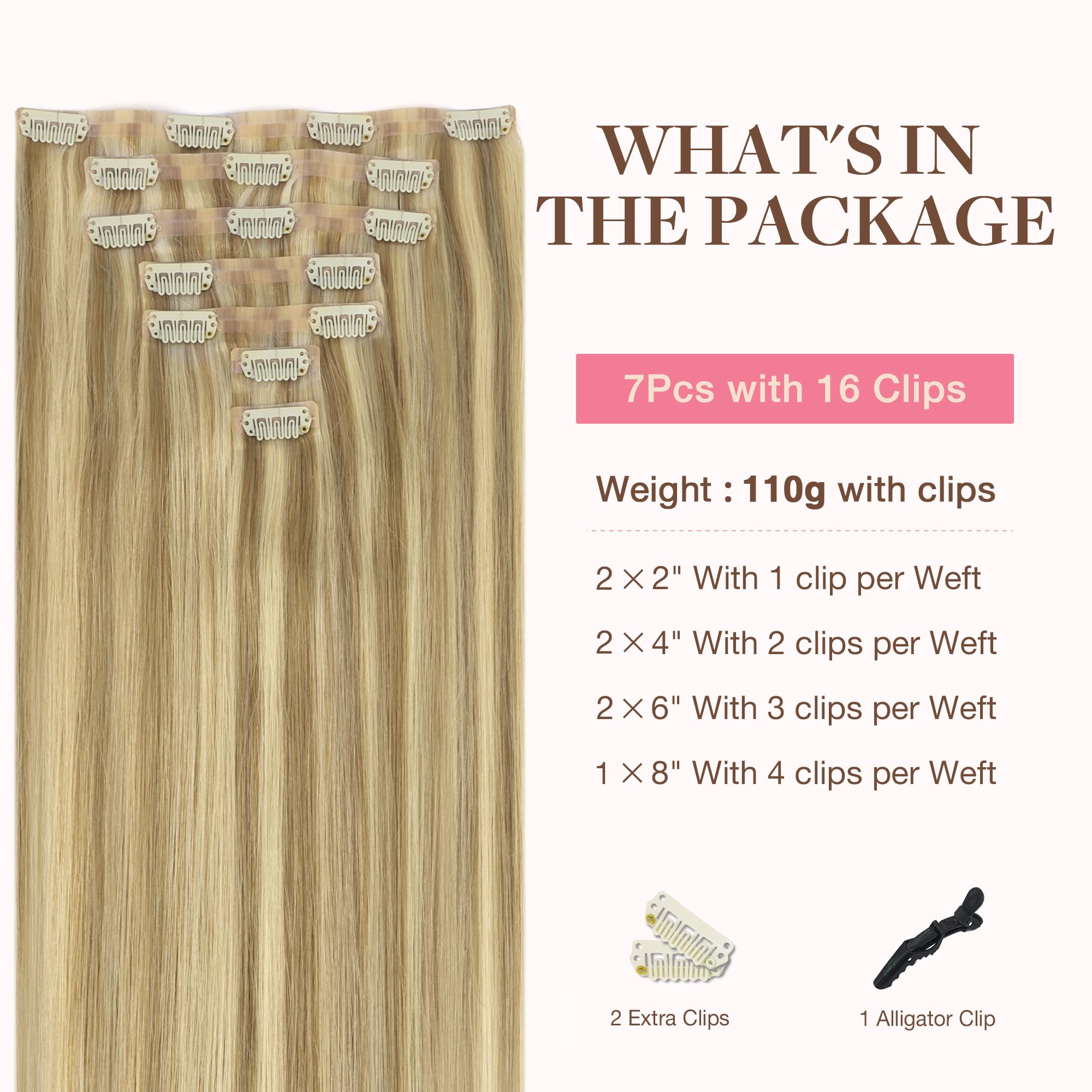 GOO GOO Clip in Hair Extensions Real Human Hair, Remy Human Hair Extensions Clip ins for Women, Natural Human Hair, 18inch 110g 7Pcs, 16/22 Light Blonde Highlighted Golden Blonde