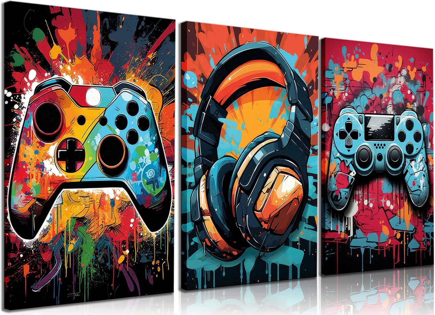 3Pcs Cool Gaming Wall Art Retro Video Game watercolor Posters Pictures Colorful Neon Gamepad Canvas Painting Prints for Boys Room Kids Game Room Bedroom for Boys Home Decoration Ready to Hang 16x24in