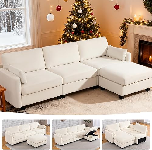 Miniatura 12 de Sofá modular de 109 pulgadas, sofá en forma de L con otomana de almacenamiento, cómodo sofá nube con asiento profundo, sofás seccionales