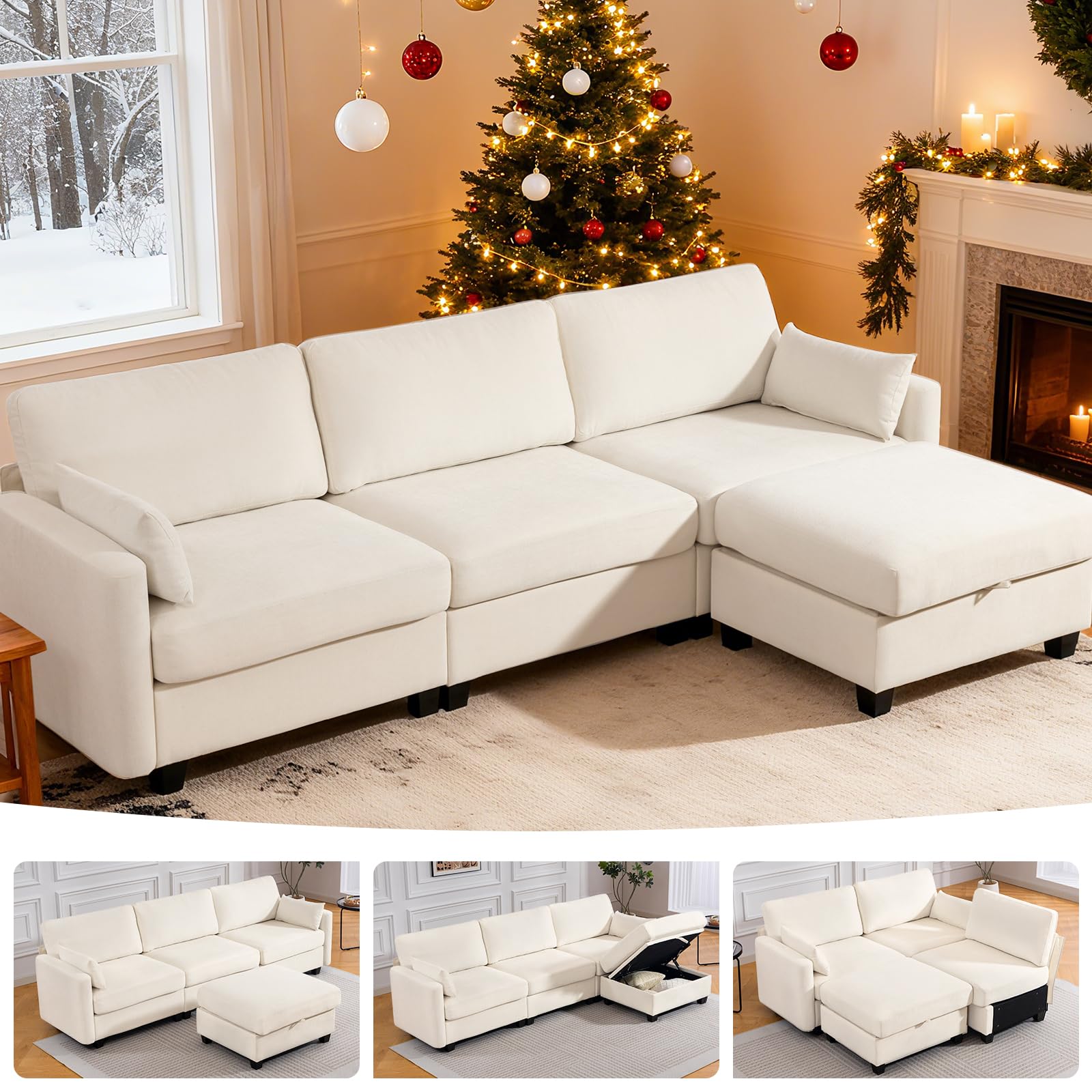 109'' Modular Sectional Sofa, L Shaped Couch with Storage Ottoman, Comfy Cloud Sofa with Deep Seat, 4 Seat Convertible Sectional Couches for Living