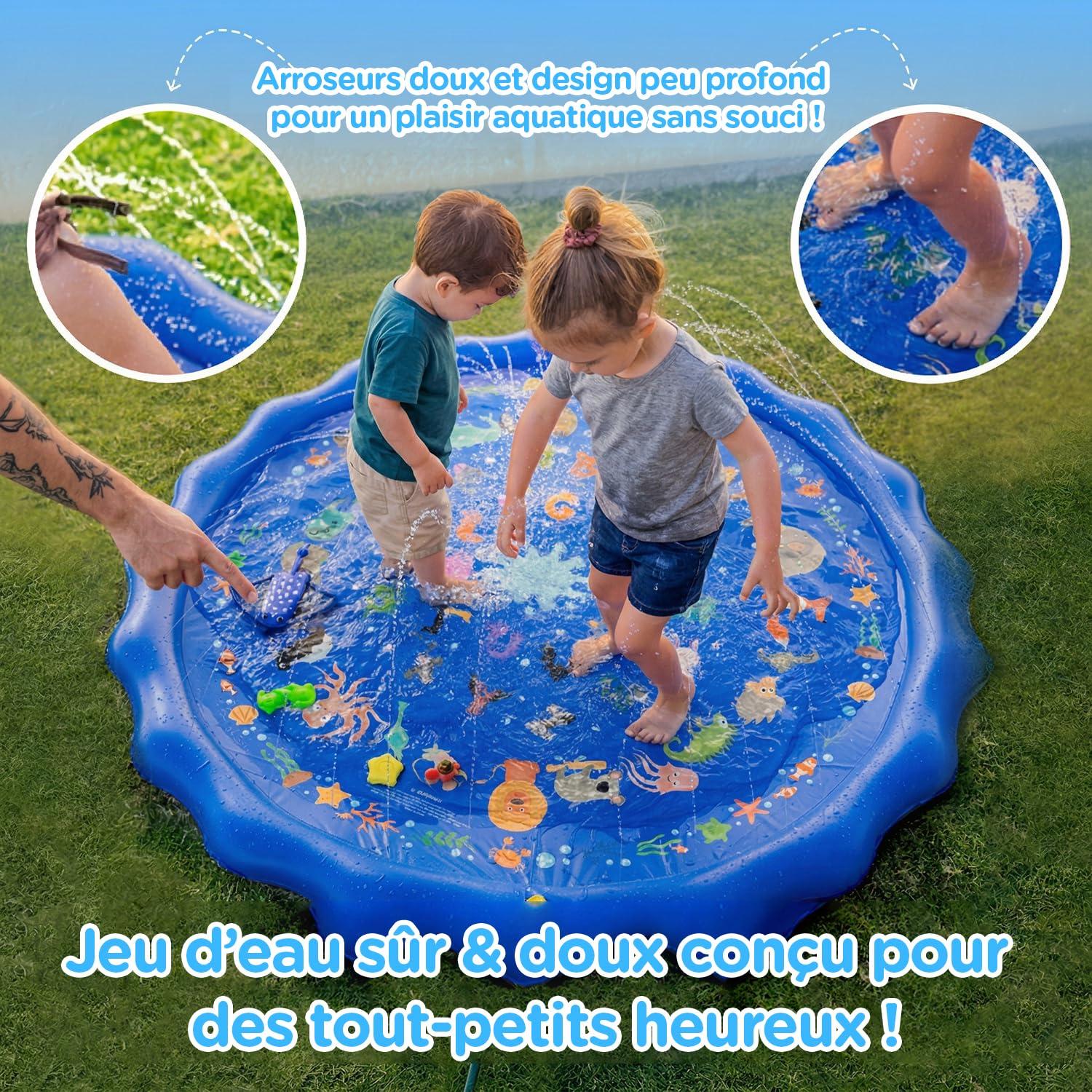 Tapis Aquatique antidérapant KiddoSpace Splash Pad avec Motifs éducatifs, idéal pour l’été en extérieur, Cartes d’Apprentissage et kit de réparation Inclus, sans BPA, Parfait pour bébés et Enfants.