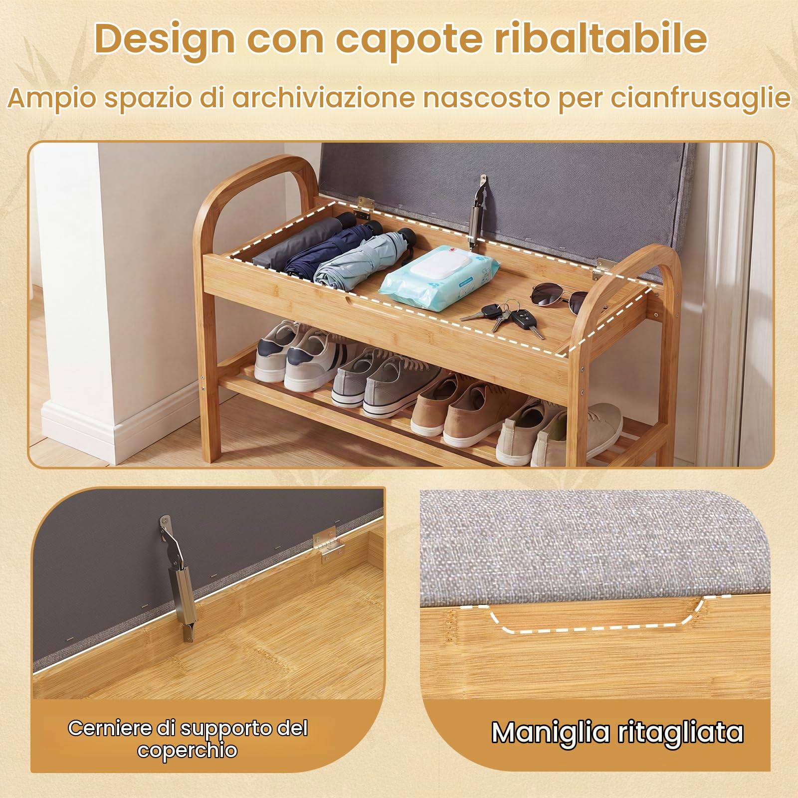 SOARS Panca Scarpiera da Ingresso in Legno Bambù 2 Livelli con Contenitore | Panca Imbottita Porta Scarpe per Corridoio, Camera da Letto e Soggiorno, Carico 150 kg, 70 x 30 x 51 cm