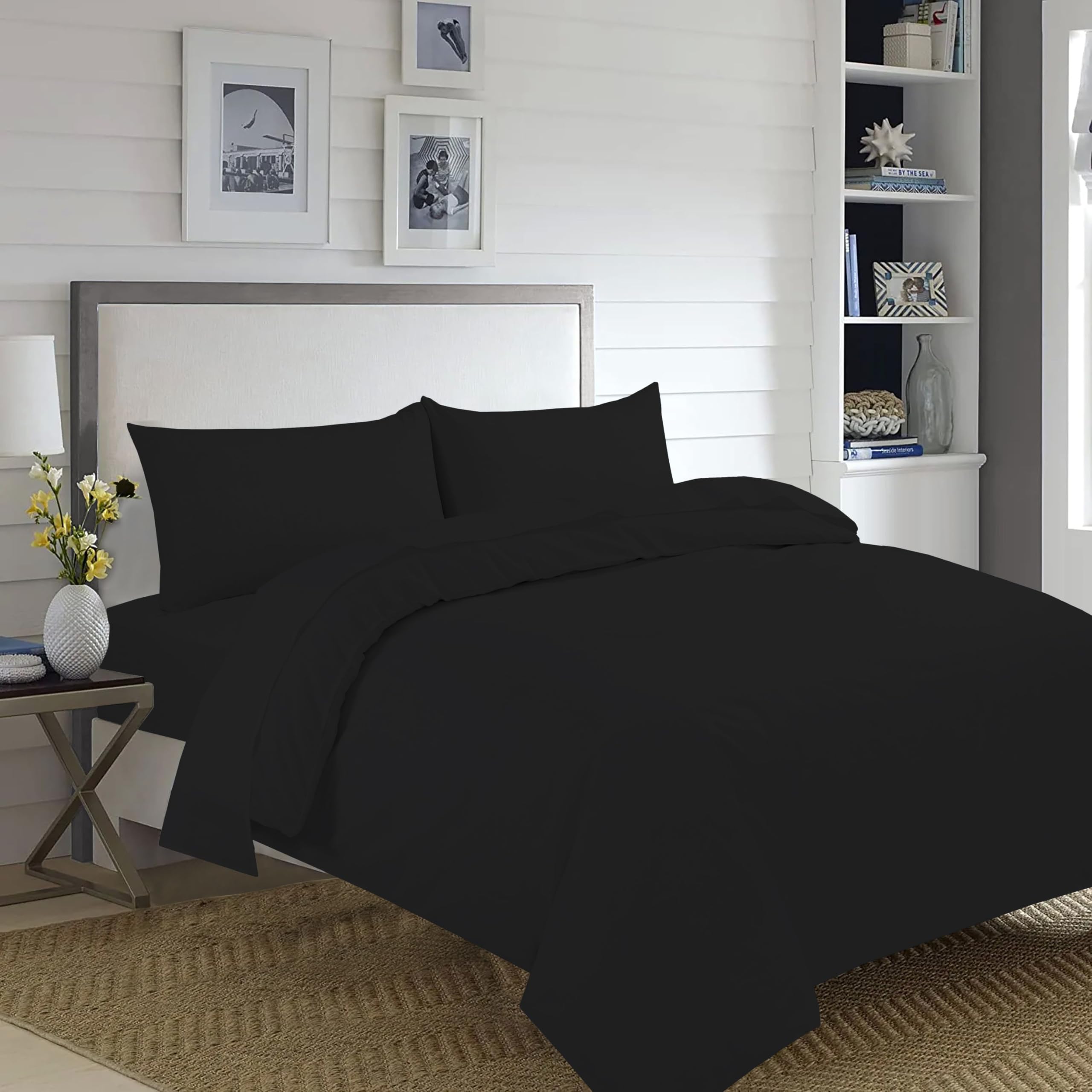 Home Living NON IRON Luxury Easycare Plain Dyed Duvet Cover & Pillow Case(s) Bedding Set (Black, King Size Complete Set)