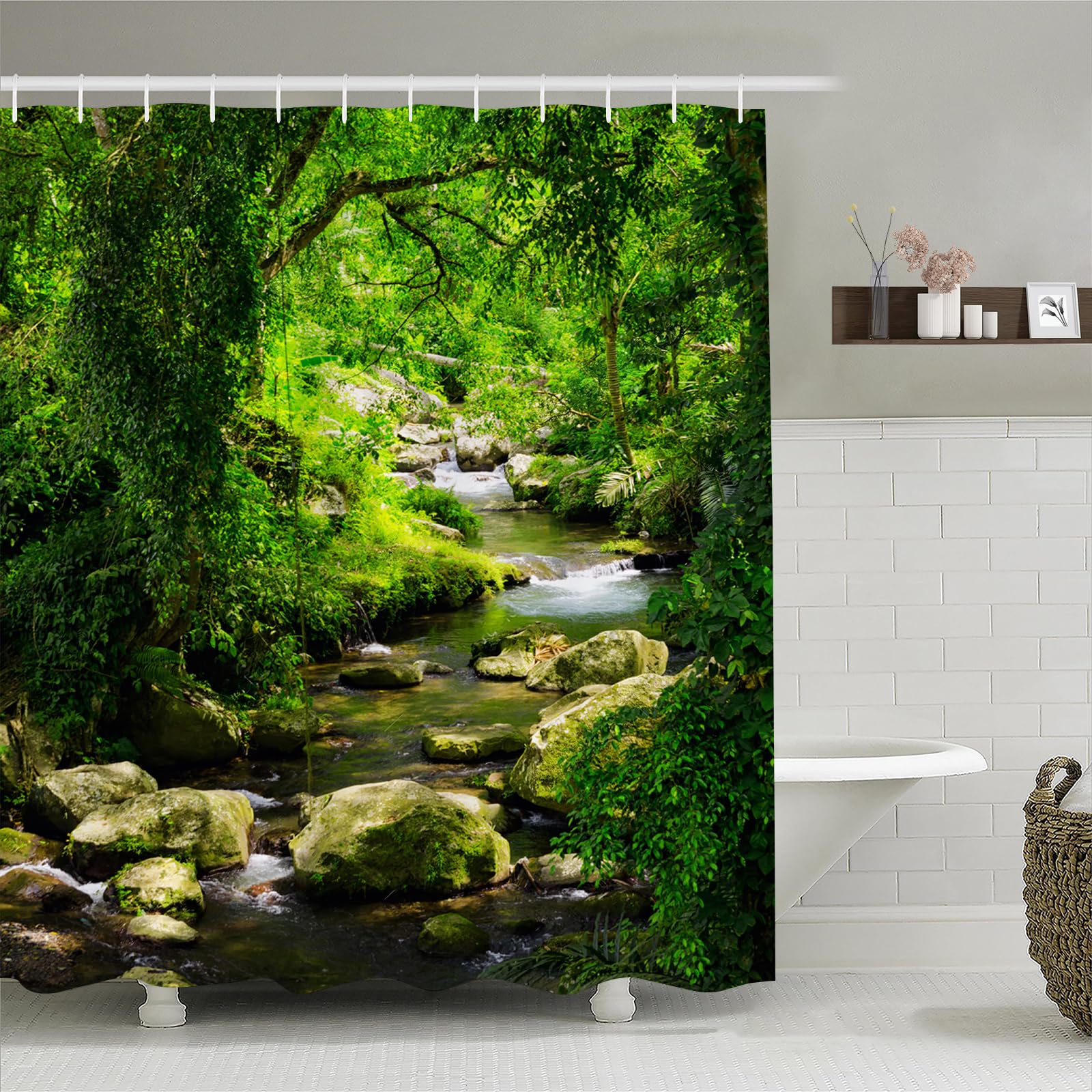 Simpomsy Color-11 Plants Shower Curtain Green Nature Forest Jungle Tropical Rainforest Summer Landscape Scenery, 3D Digital Painting Pattern For Shower Stall, Bathroom Curtains With 12 Pcs Hooks 180X180cm