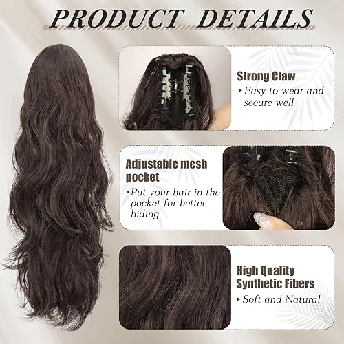 Miniatura 3 de BARSDAR Extensión de cola de caballo marrón  Extensiones de cabello de cola de caballo con clip de garra para mujer, cola de caballo sintética de 20