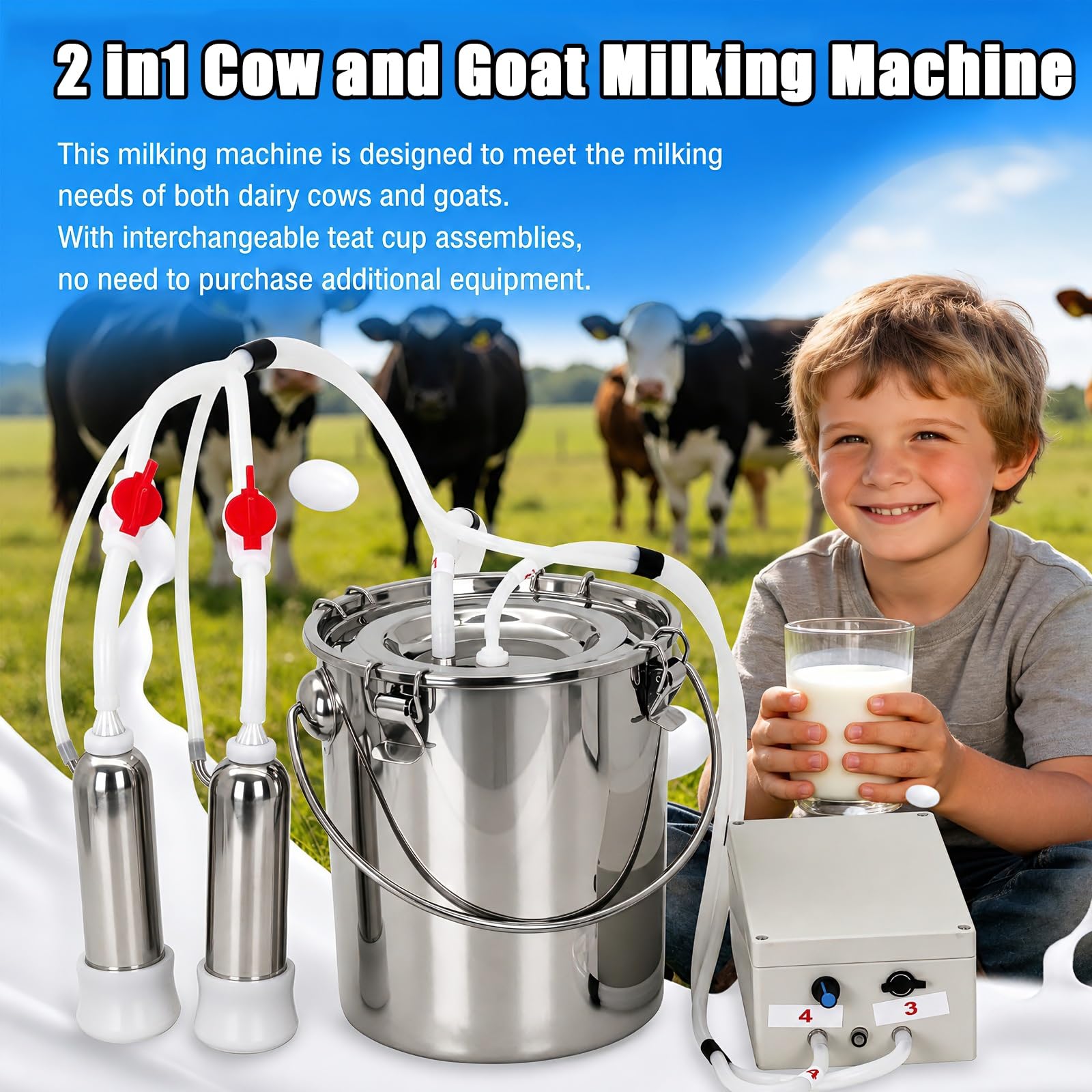 Versión actualizada del ordeñador de ganado for cabras y vacas lecheras | Unidad eléctrica de pulsación de vacío variable, contenedor de acero inoxidable for granja(3L)
