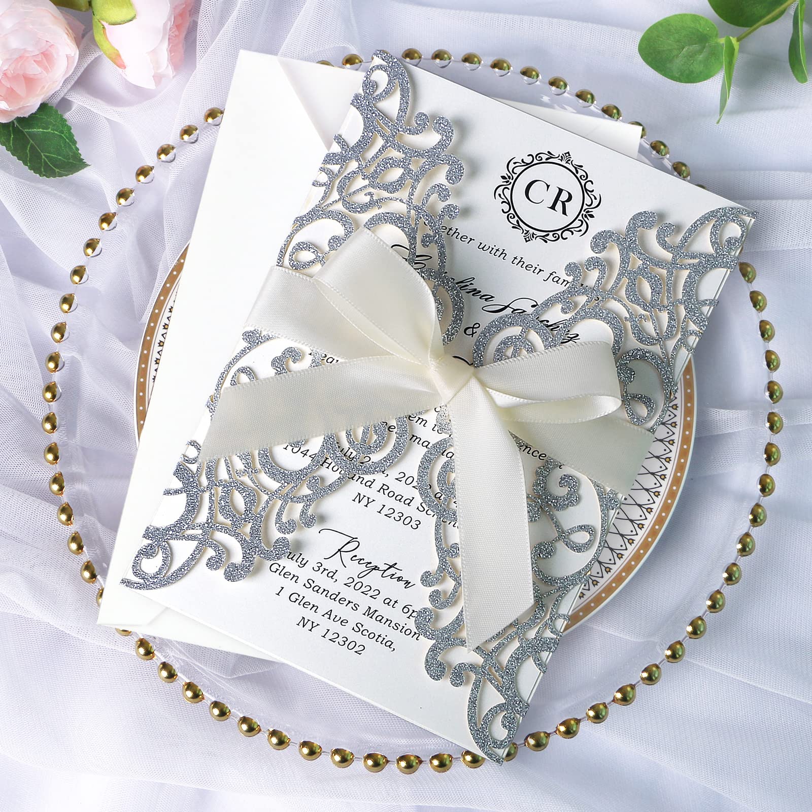 Ponatia 25PCS laser Cut Hollow rose con trapano invito di matrimonio fidanzamento doccia compleanno laurea biglietti d' invito Slivery Glitter