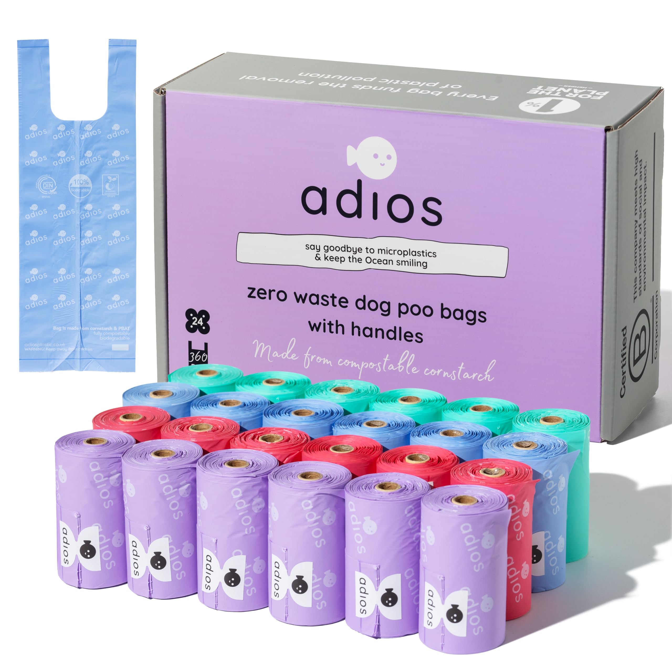 Adios Plastic - Bolsas compostables para excrementos de perro con asas, 360 unidades (24 rollos) - Colores arcoíris - Bolsas extra gruesas, a prueba de fugas, a prueba de olores - Hechas de almidón de
