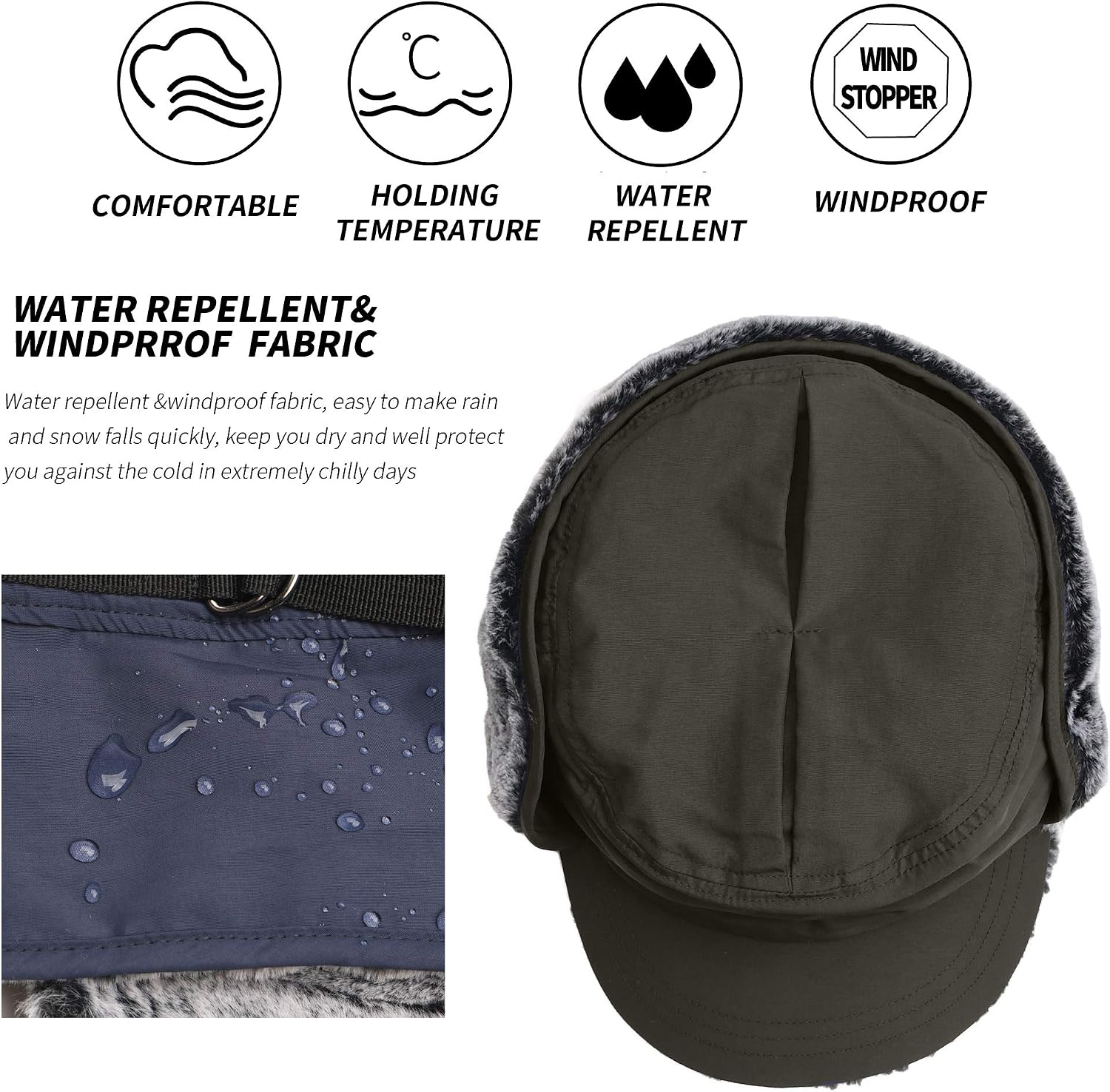 Mens Winter Hat with Ear Flaps Trapper Hats Windproof Ski Warm Fully Lined Faux Fur Baseball Cap for Women