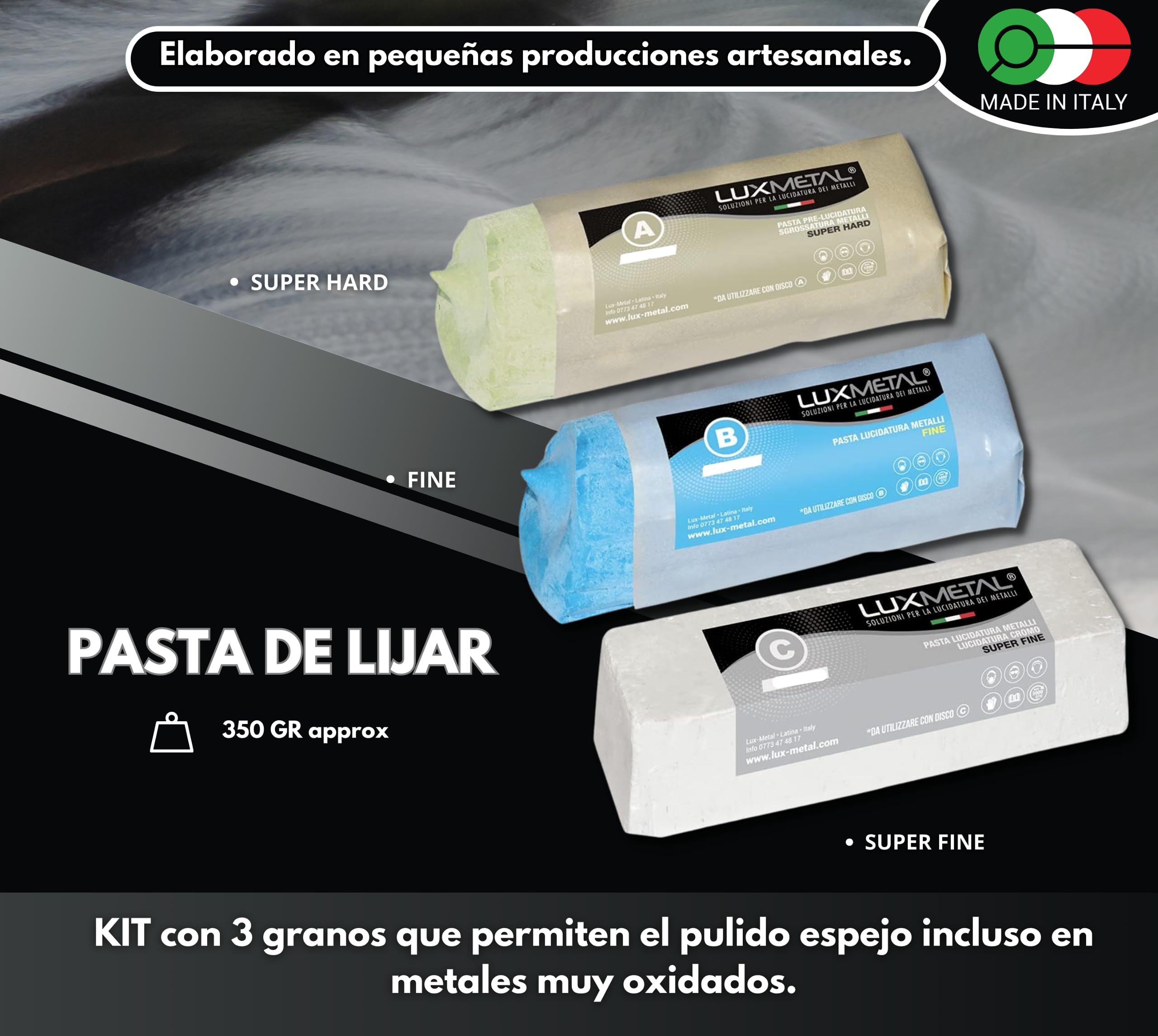 Kit 3 Pastas de Pulido Abrasivas 350 gr A-B-C Set de Pulido Acero Inoxidable Cera Sólida para Pulir Metales Espejo Aluminio Abrillantadores Cromo Madera Plexiglás Mármol Cobre Plástico