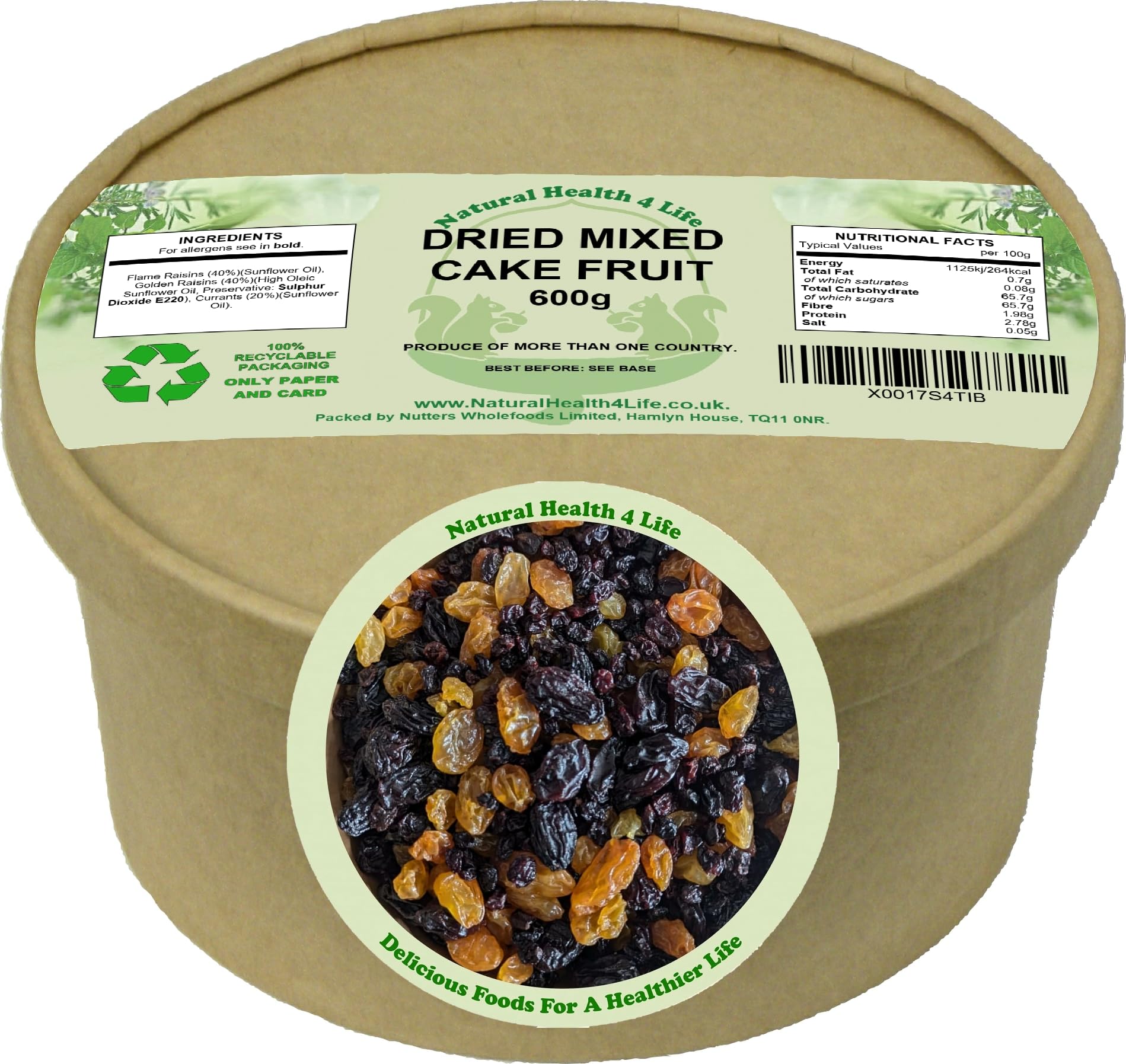 Natural Health 4 Life Mixed Fruit for Cakes 600g (Jumbo Raisins, Golden Raisins, Currants) Kraft Paper Tub (1 tub)