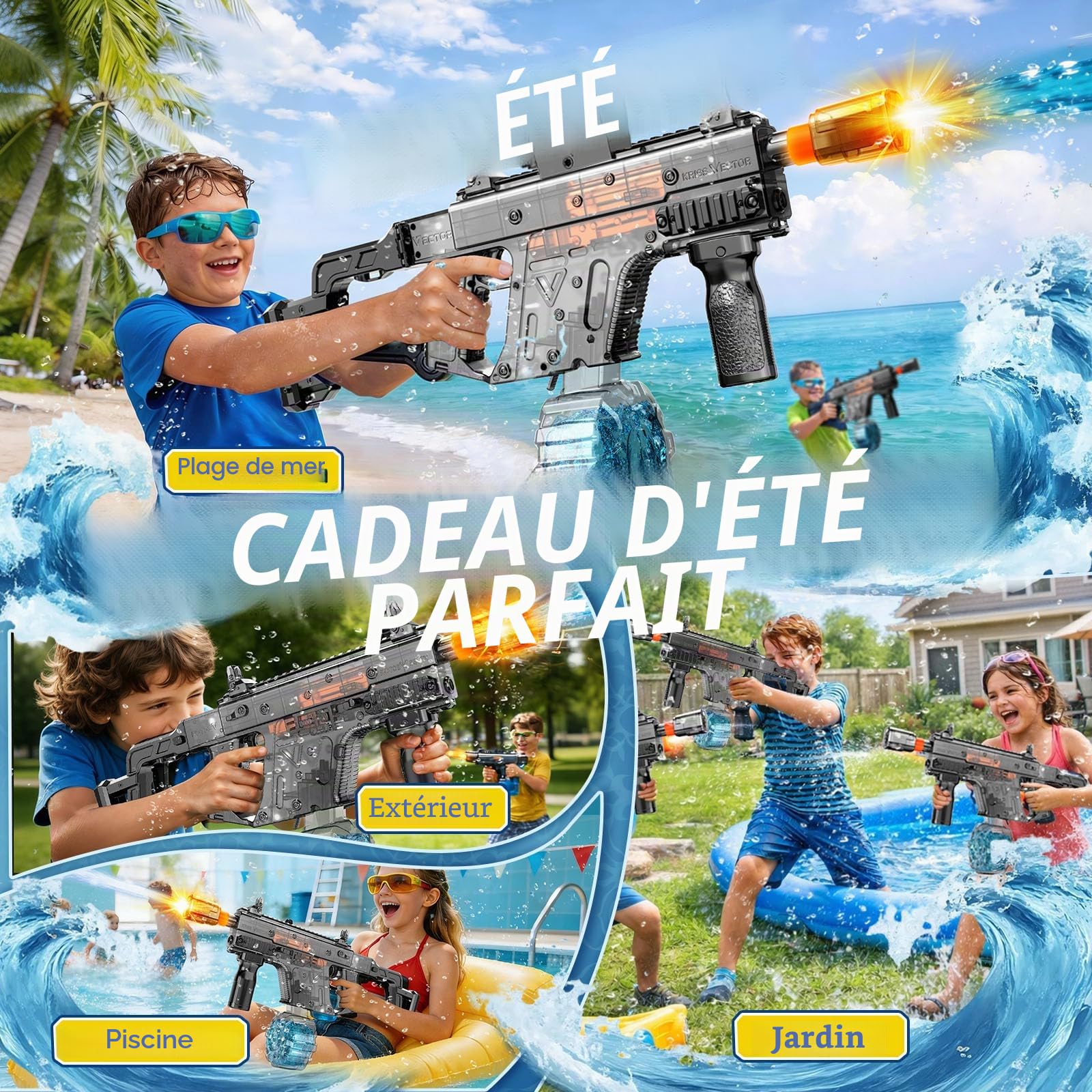 JONRRYIN Pistolet à Eau Électrique Rechargeable, Jet Puissant 8–10 m, Réservoir 600 ML, Double Remplissage Auto & Manuel, Embout Lumineux Amovible, Jouet d’Été pour Piscine, Plage, Jardin (Noir)