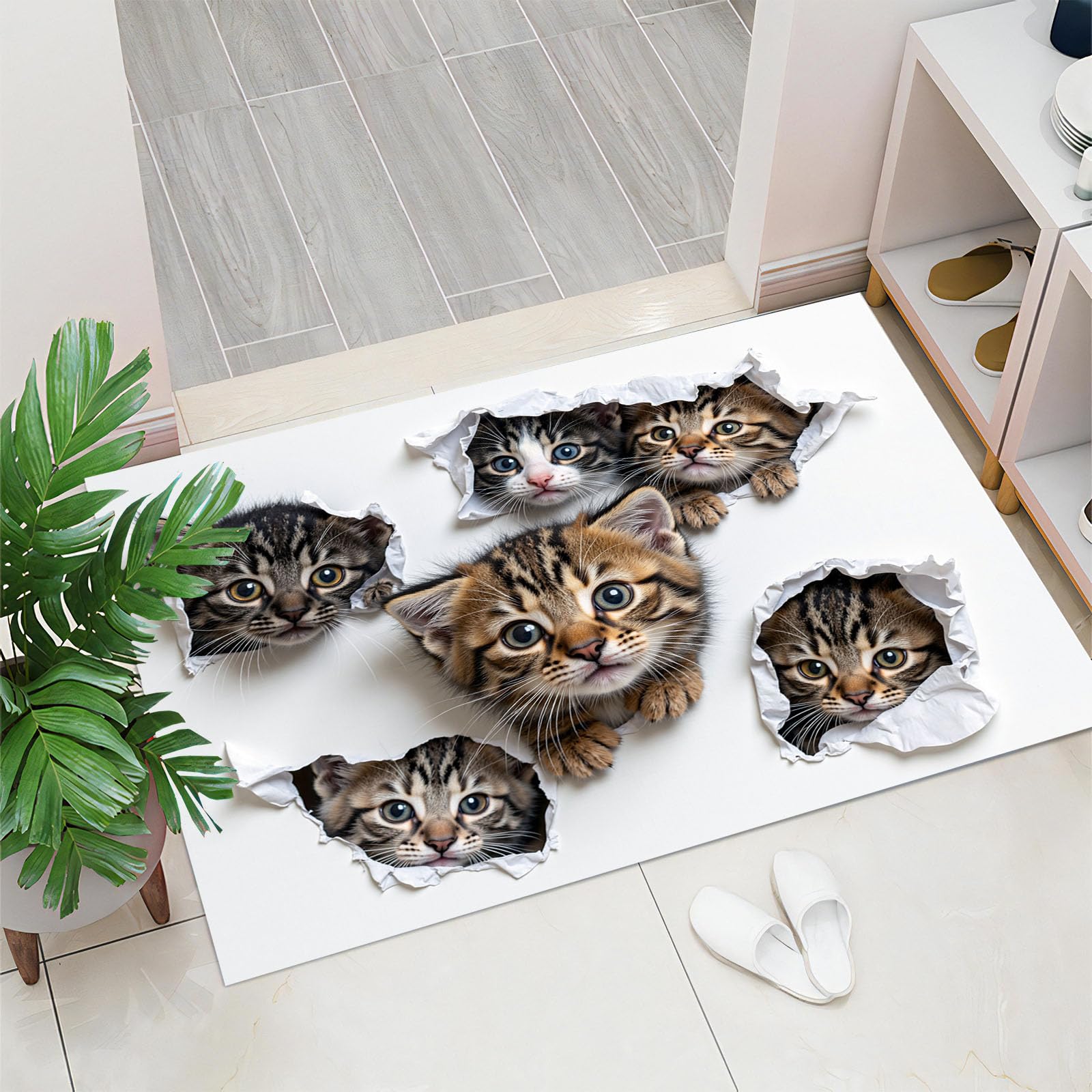 90 x 150 cm, paillasson d'entrée intérieur et extérieur, Tapis Animaux 3D Chat Mignon Qui Regarde, Tapis de Sol résistant à la décoloration, Profil Bas, Facile à Nettoyer Brun