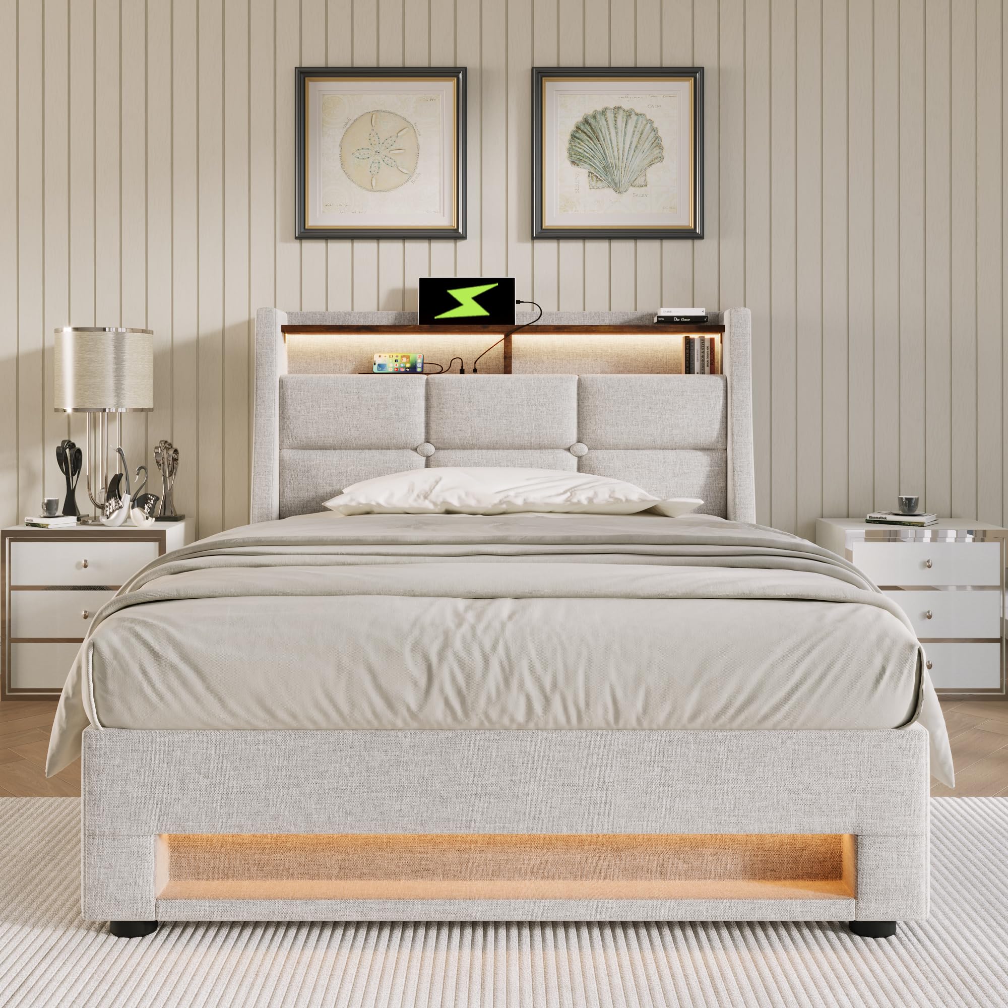 Cama Tapizada 90x200 con LED y USB, Camas Individual con Espacio de Almacenamiento Hidráulico y Cabecero Almacenaje, Camas Juveniles con Somier y Soporte de Láminas, Lino, Sin Colchón, Beige