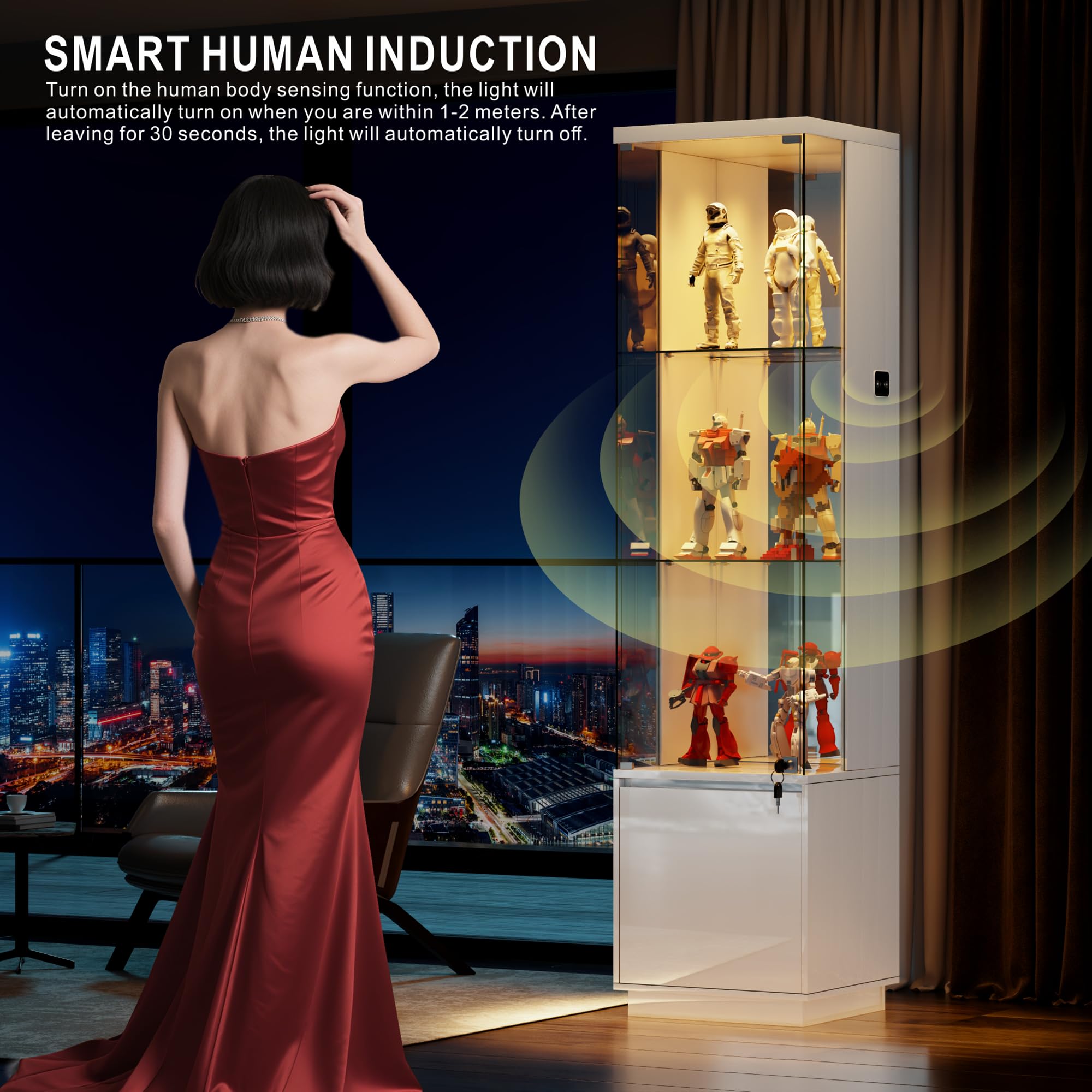 Gurexl Vitrine mit LED-Beleuchtung und Cabinet,Glasvitrine mit Körpersensor-System und Abschließbare Glastüren,Hochglanzfront Eckvitrine W400xD380xH1650mm,für Wohnzimmer, Büro, Bücher,Weiß