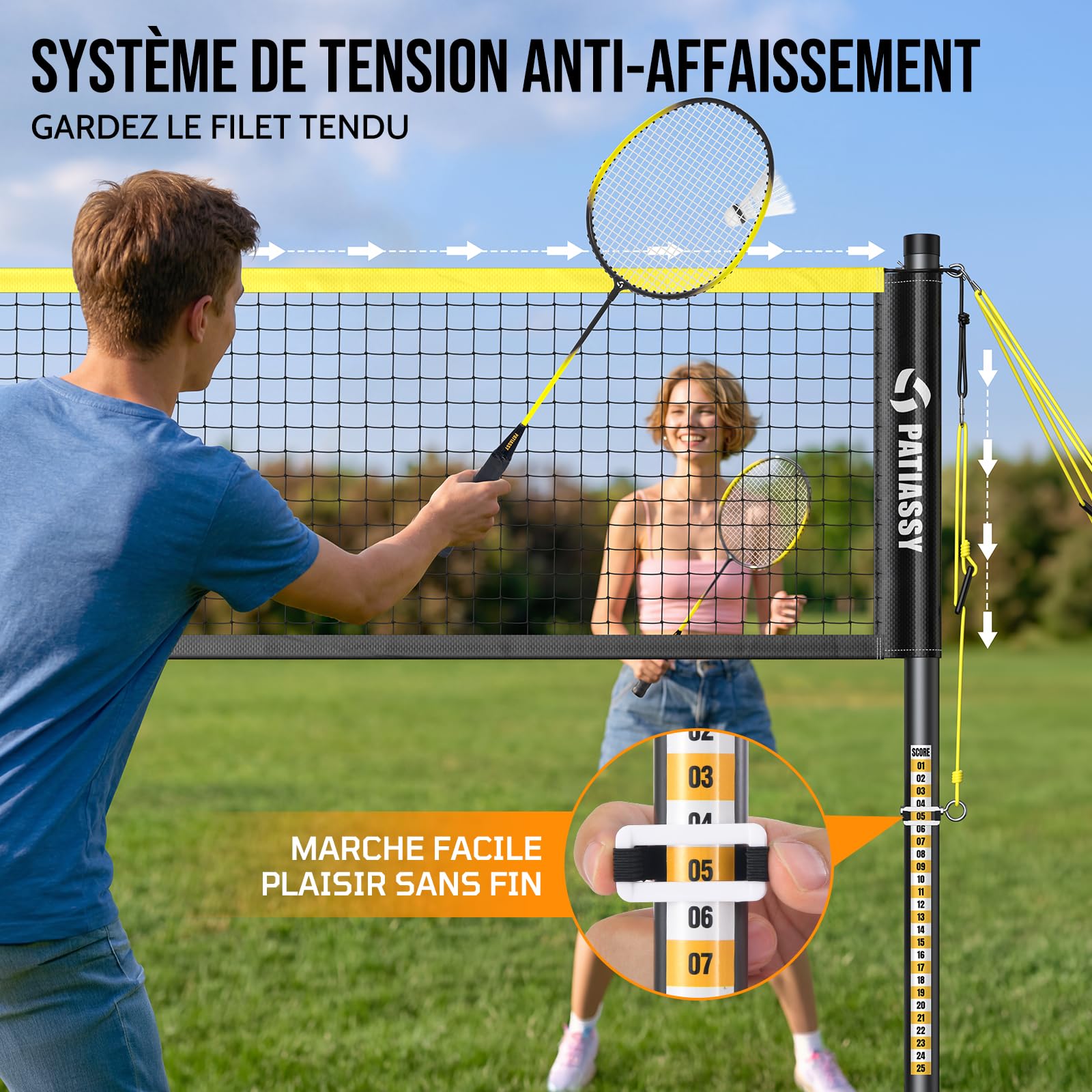 Filet de Badminton de 6.1m,Largeur réglable de 3-6m, Portable et Pliable, utilisable à l'intérieur comme à l'extérieur, idéal pour Adultes